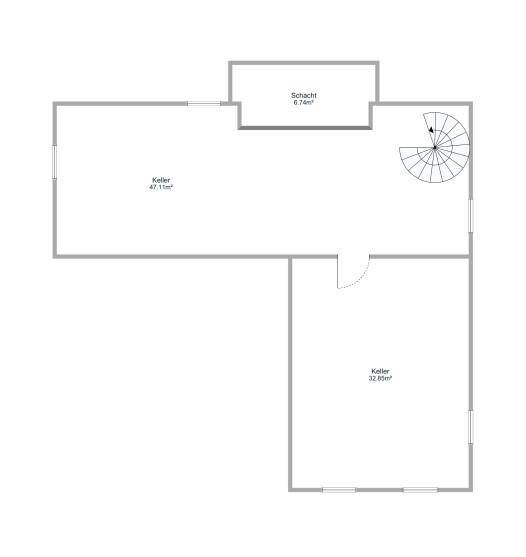Grundriss des Kellergeschosses mit zwei Kellerräumen und einer Wendeltreppe.