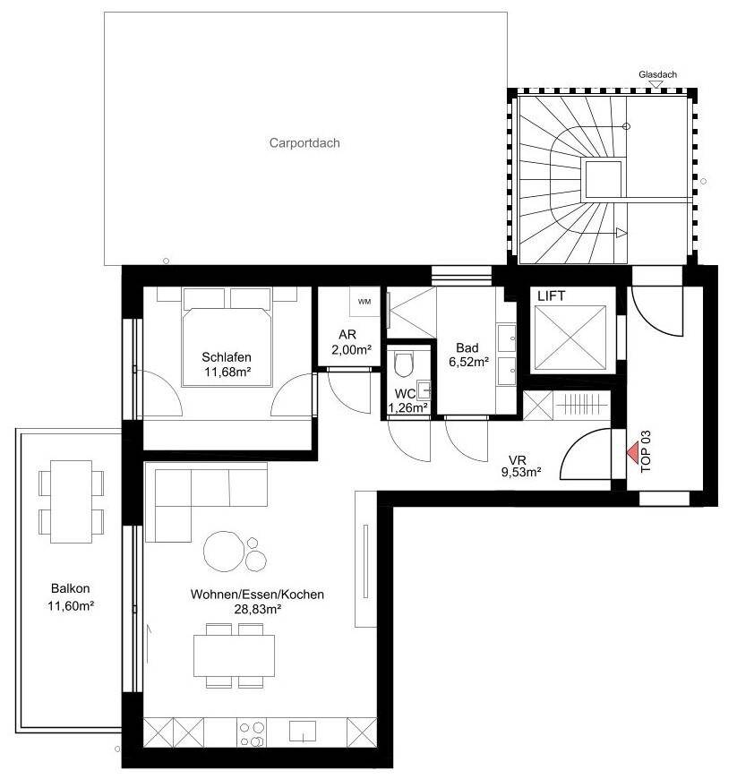 Grundriss einer Wohnung mit Schlafzimmer, Bad, offenem Wohnbereich und Balkon.