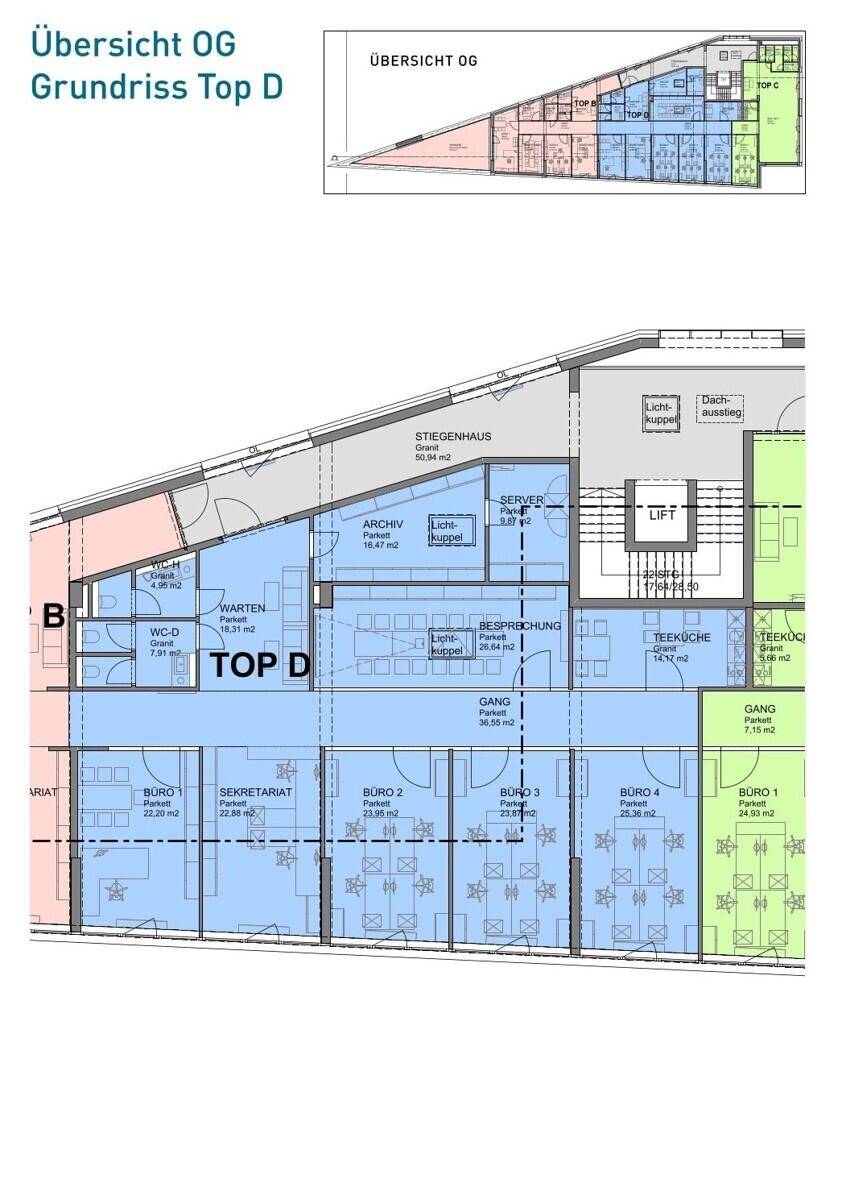 Grundriss des Obergeschosses Top D mit Büros, Archiv und Teeküche.
