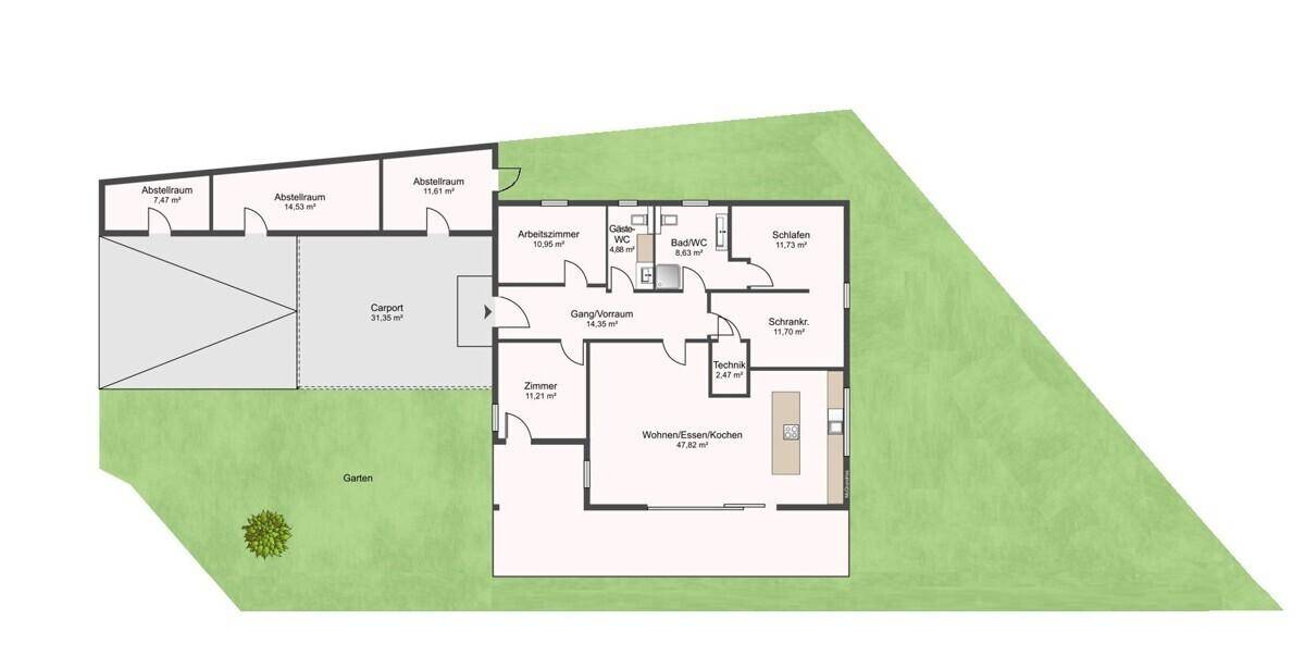 Grundriss des Hauses mit Carport, Abstellräumen und offenem Wohn-Ess-Kochbereich.