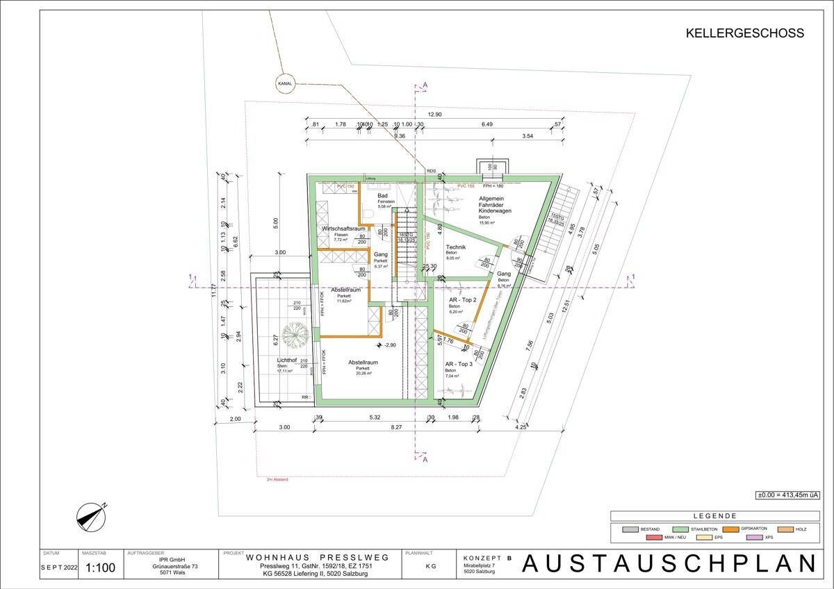 Grundriss des Kellergeschosses mit Abstellräumen und Technikbereichen für die Wohneinheiten.