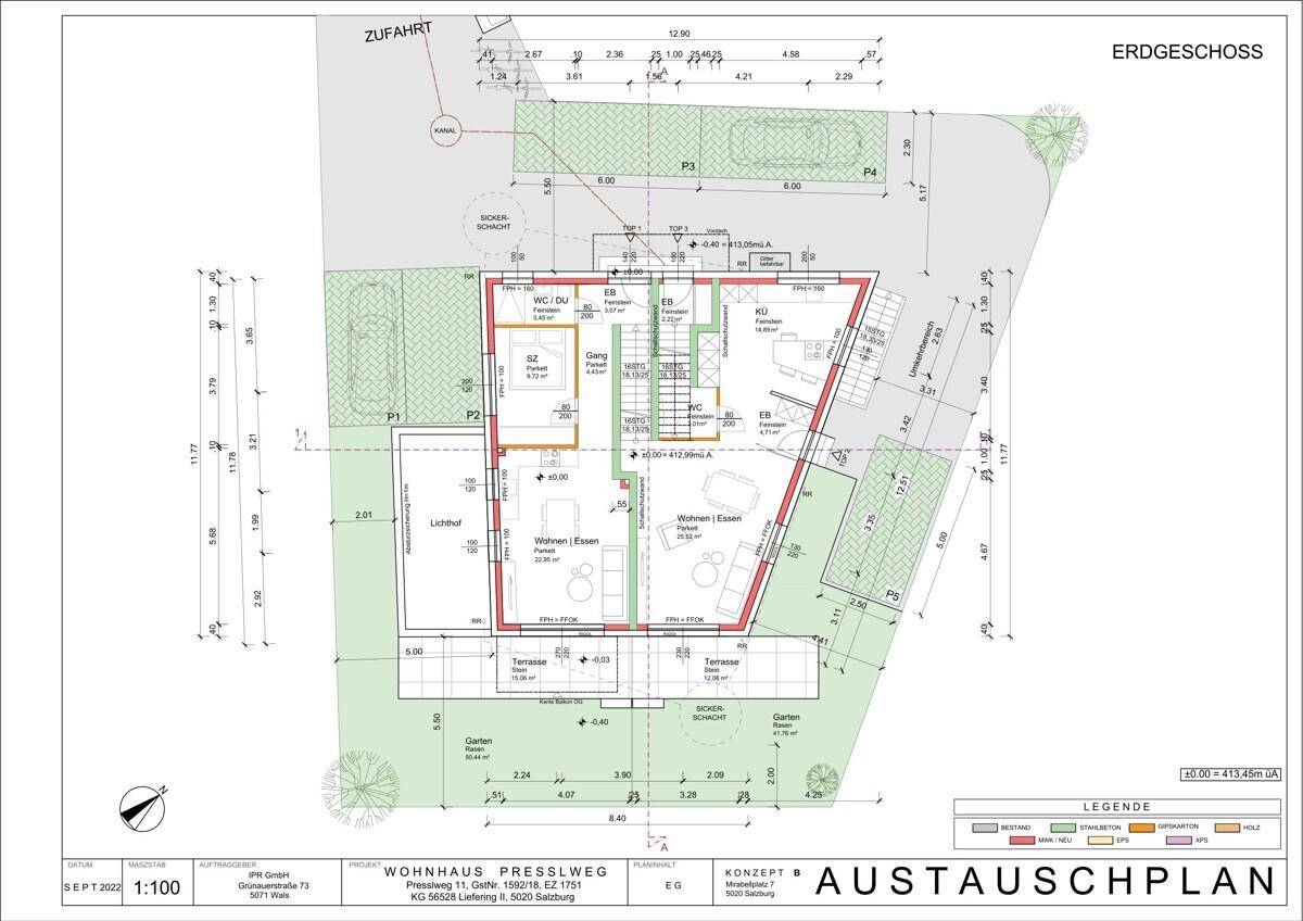 Grundriss des Erdgeschosses mit Wohn- und Essbereichen, Terrassen und Gartenflächen.