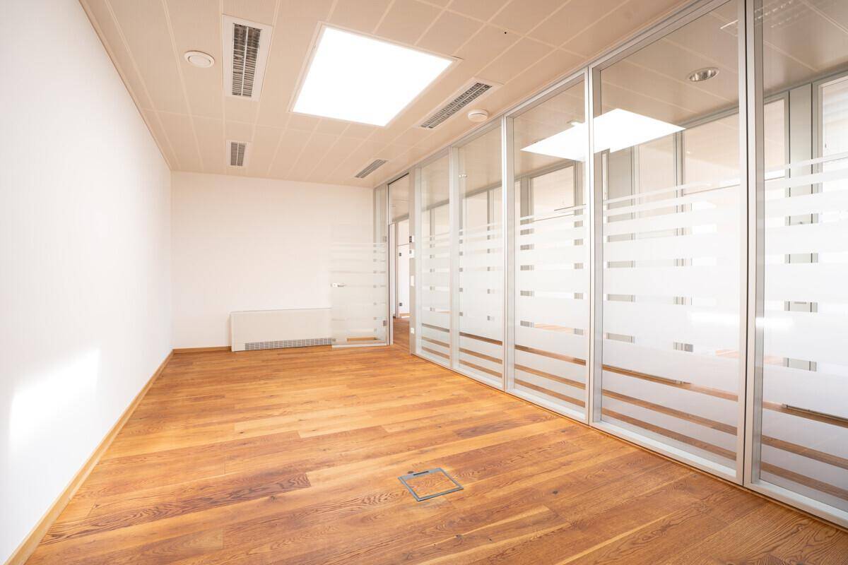 Geräumiges Büro mit Holzboden und Trennwänden aus Milchglas für Privatsphäre.