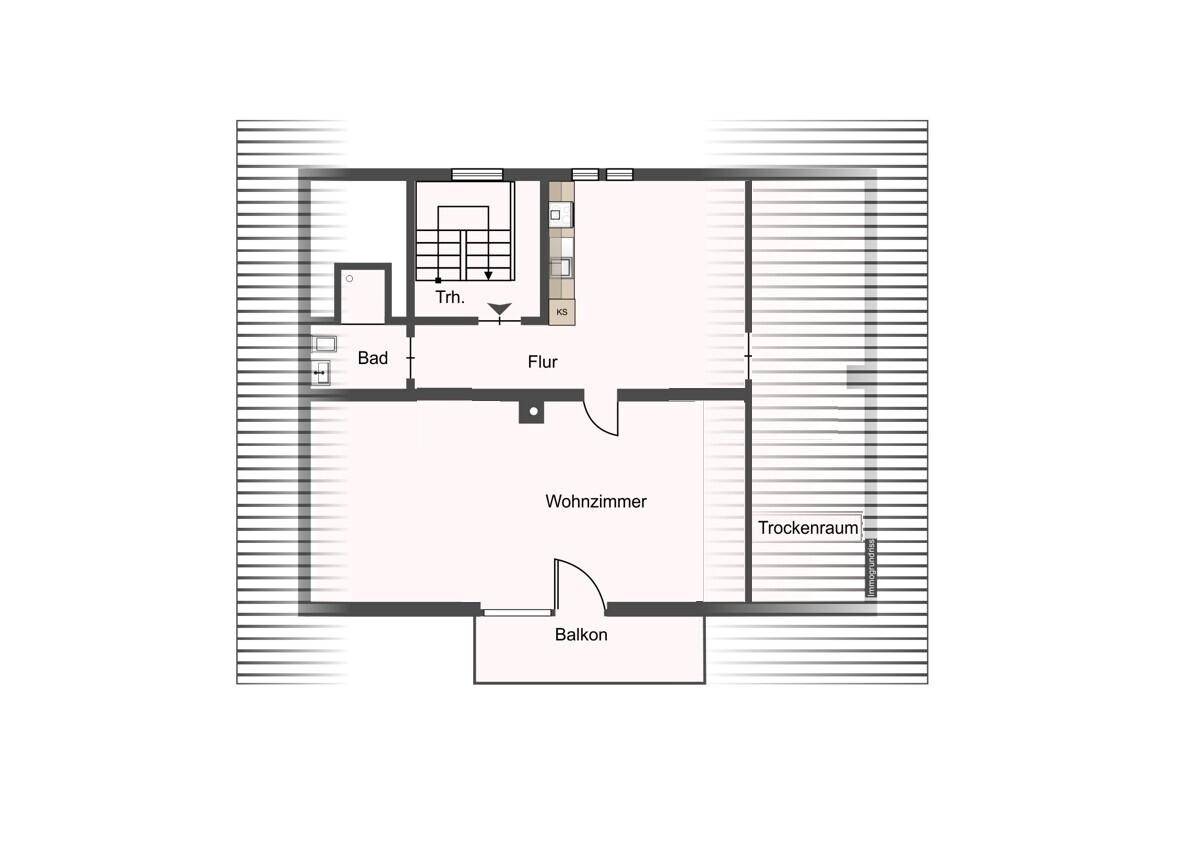 Grundriss zeigt ein Wohnzimmer mit Balkon, ein Badezimmer, einen Flur und einen Trockenraum.