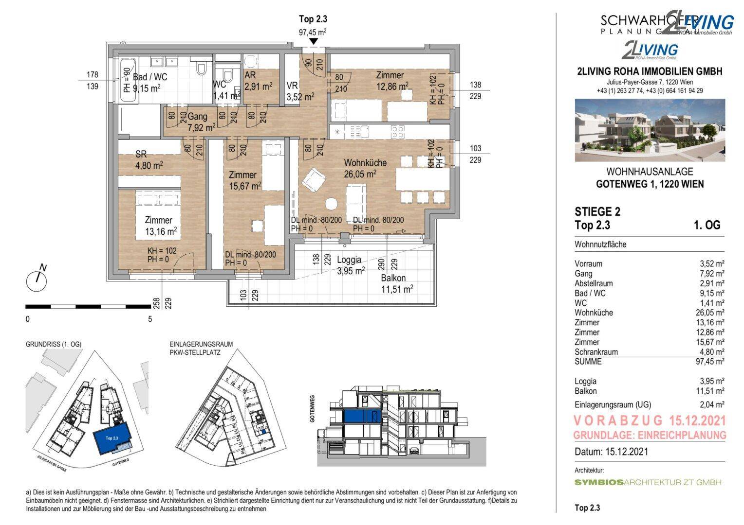 Detaillierter Grundriss einer Wohnung mit mehreren Zimmern, Loggia und Balkon.