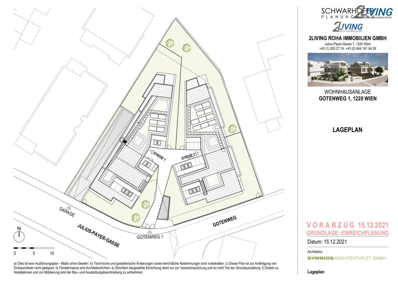 Lageplan der Wohnanlage mit Gebäuden, Garagen und Zugangswegen.