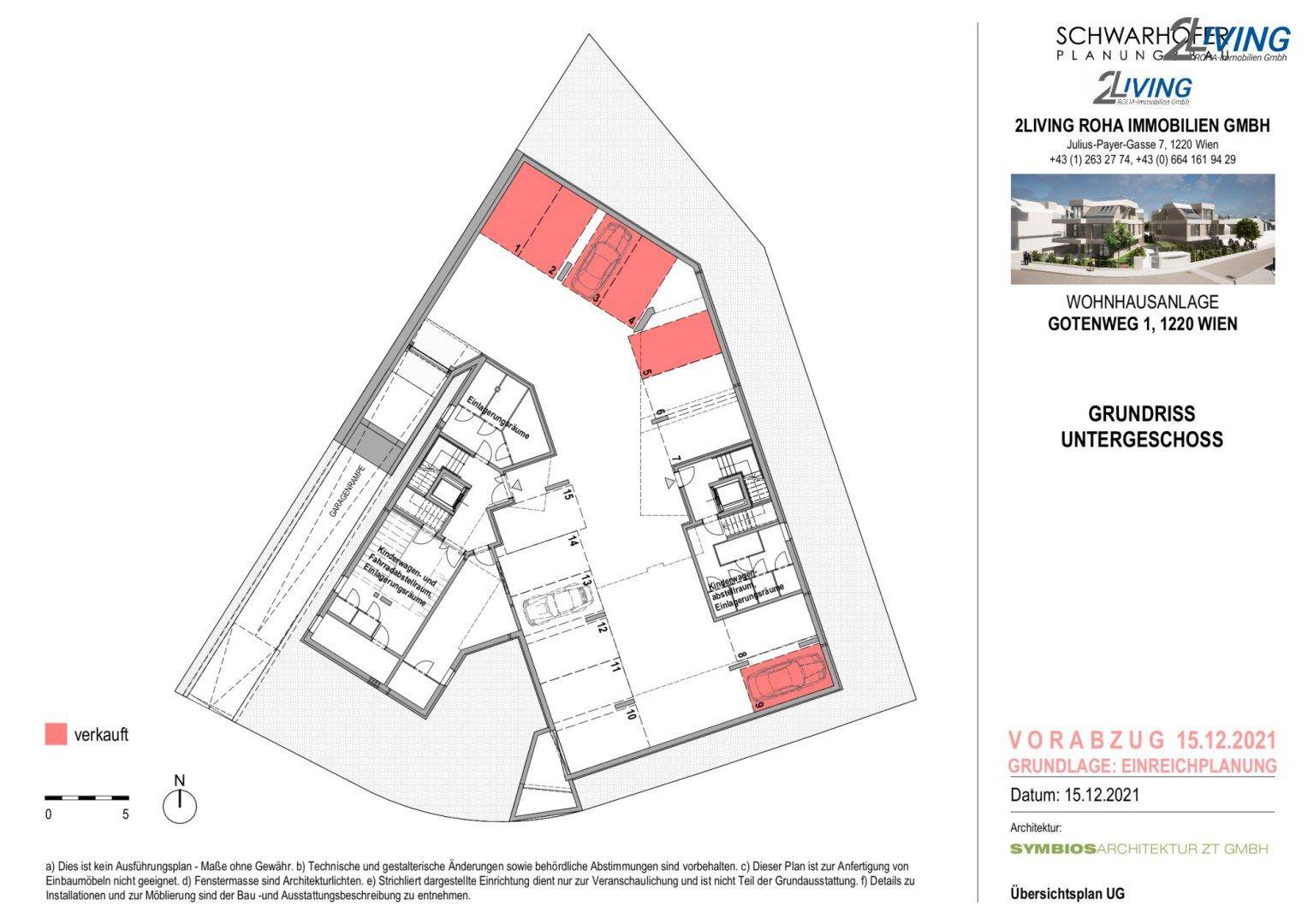 Grundriss des Untergeschosses mit Abstellräumen und Parkmöglichkeiten.