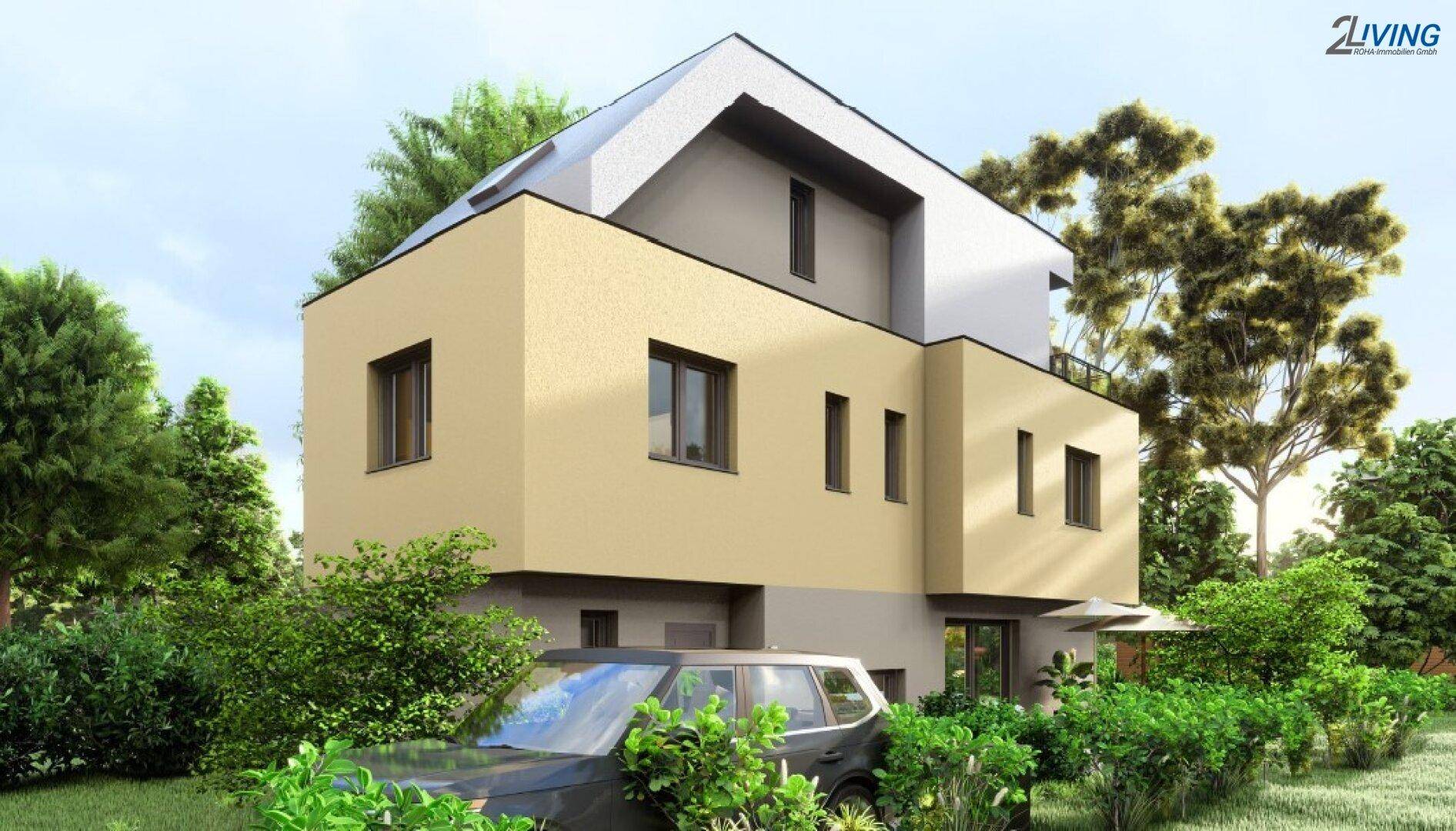 Visualisierung eines modernen Einfamilienhauses mit beiger Fassade und Satteldach in grüner Umgebung.