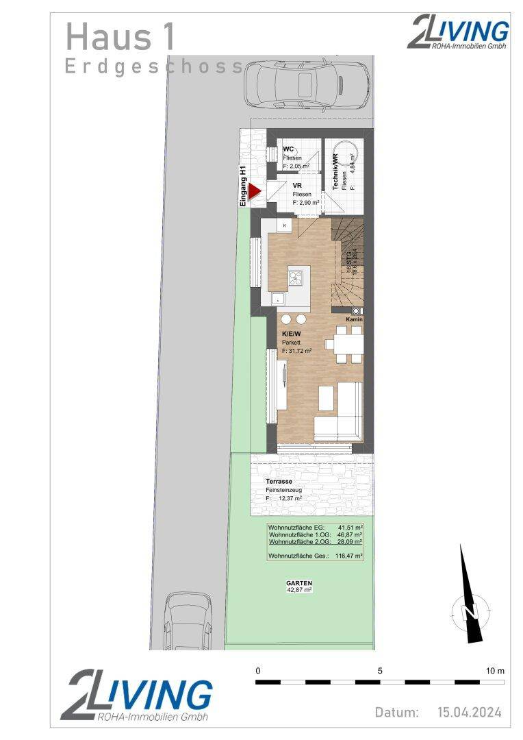Grundriss des Erdgeschosses mit offenem Wohn-Essbereich, Küche, Gäste-WC und Zugang zur Terrasse und Garten.
