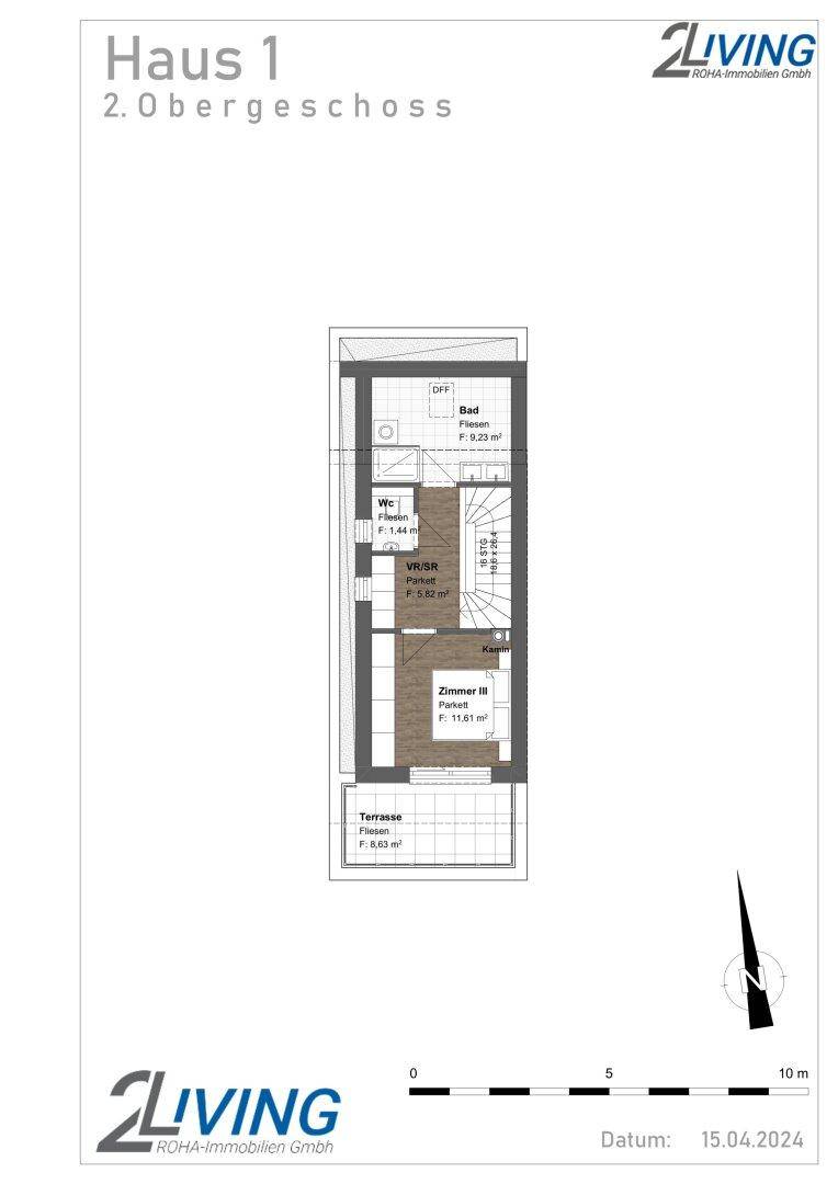 Grundriss des zweiten Obergeschosses mit einem Schlafzimmer, Badezimmer, WC und einer Dachterrasse.