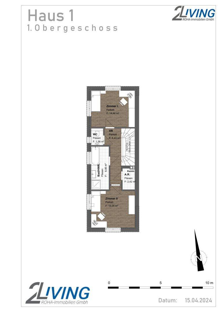 Grundriss des ersten Obergeschosses mit zwei Schlafzimmern, einem Badezimmer, WC und einem Kamin.