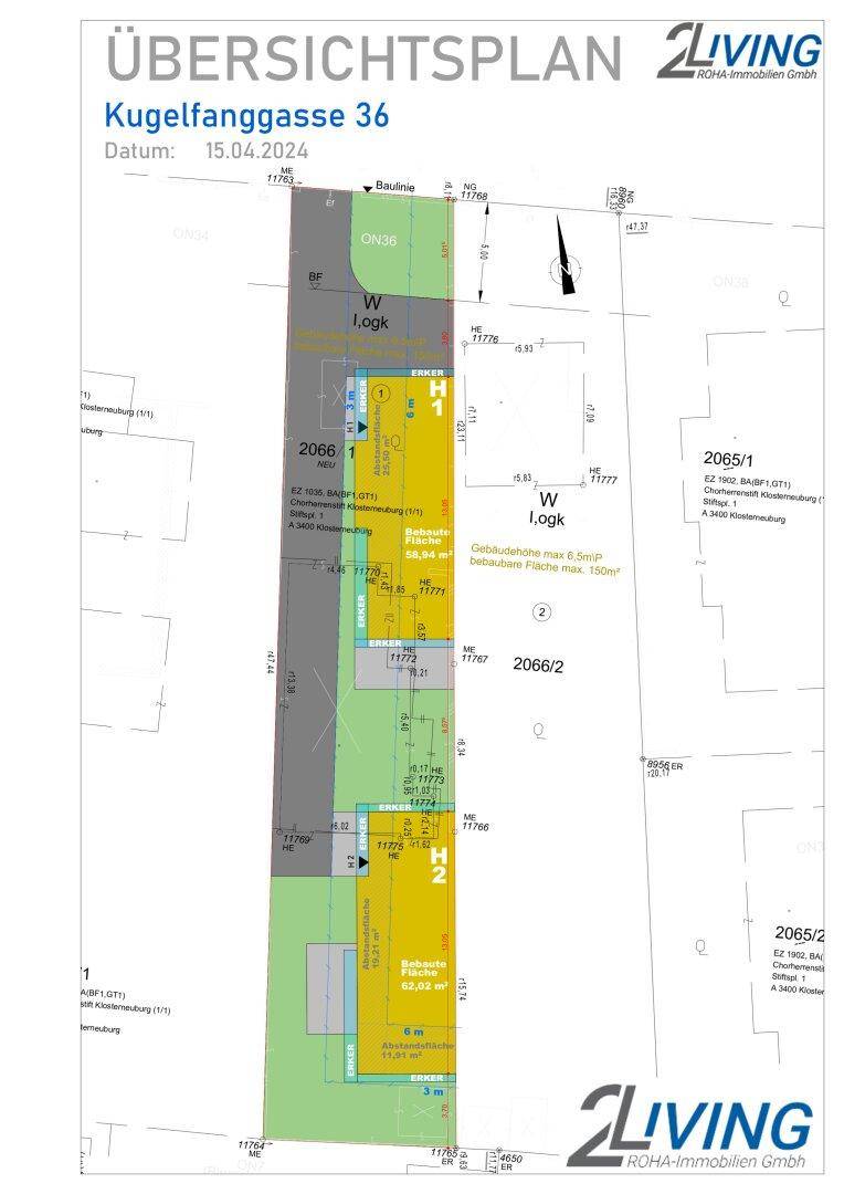 Übersichtsplan des Grundstücks Kugelfanggasse 36 mit zwei geplanten Baukörpern und Parzellengrenzen.