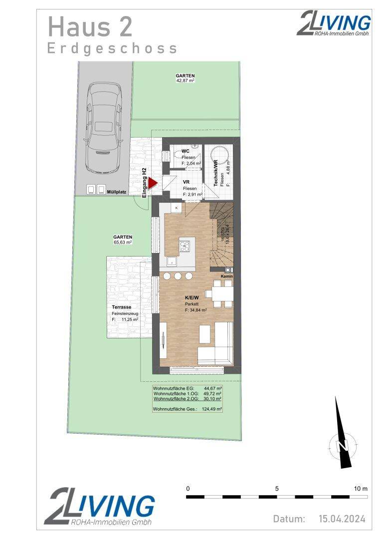 Grundriss des Erdgeschosses von Haus 2 mit Terrasse, Garten, Wohnküche und WC.