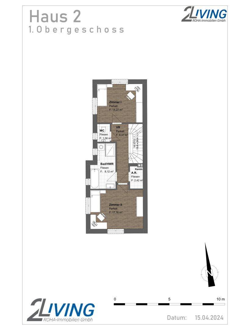 Grundriss des 1. Obergeschosses von Haus 2 mit zwei Schlafzimmern, Bad und separatem WC.