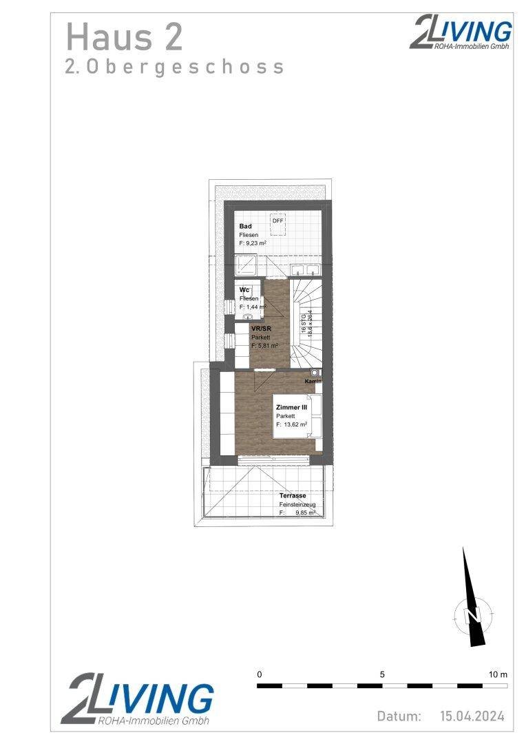 Grundriss des 2. Obergeschosses von Haus 2 mit einem Schlafzimmer, Bad, WC und Terrasse.