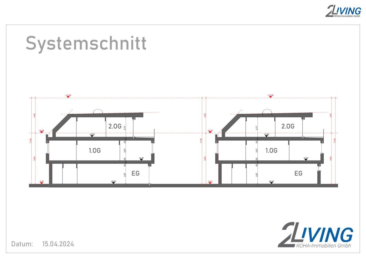 Systemschnitt der Gebäude mit Darstellung der Geschosse und Dachneigung.