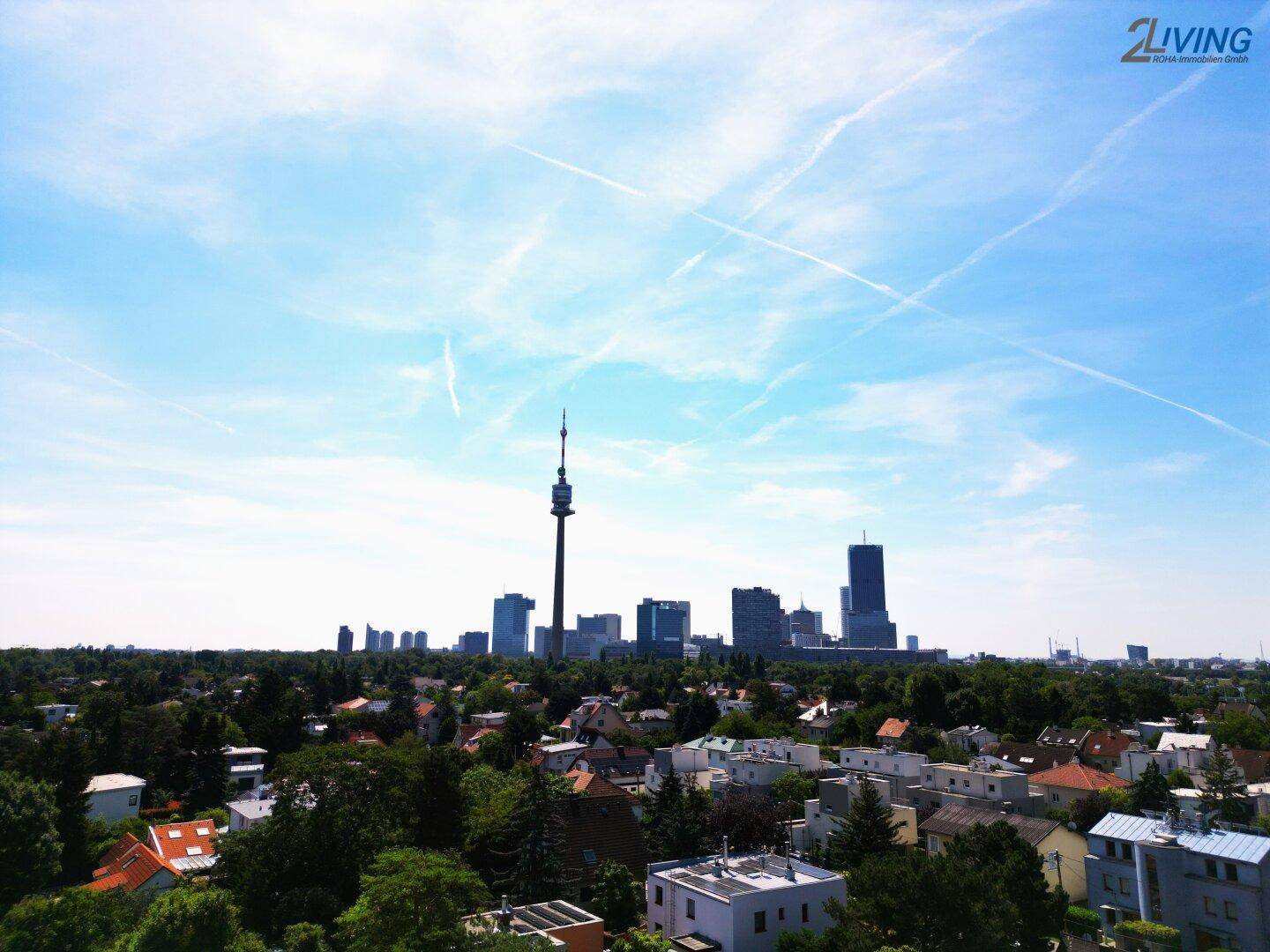 Panoramablick über eine Stadtlandschaft mit Hochhäusern, Donauturm und grünen Wohngebieten im Vordergrund.