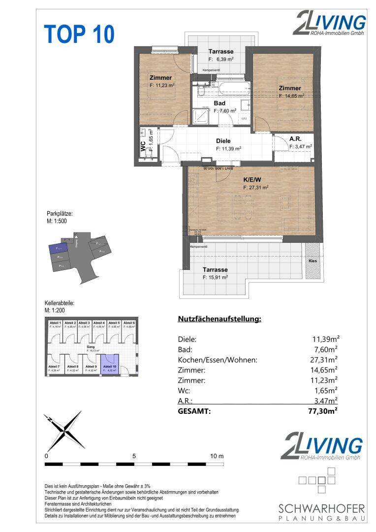 Detaillierter Grundriss der Wohnung Top 10 mit Zimmern, Bad, WC und Terrassenflächen.