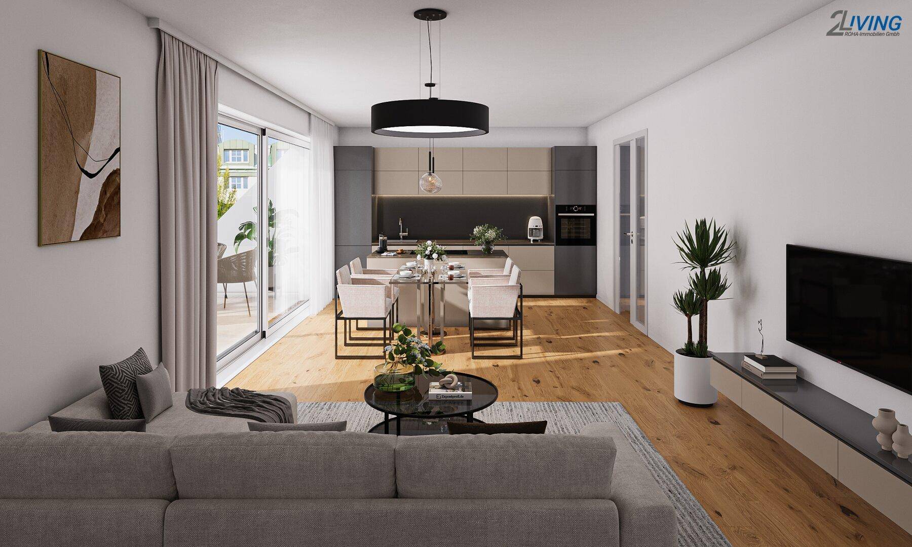 Heller, offener Wohn- und Essbereich mit moderner Einbauküche und Zugang zum Balkon.
