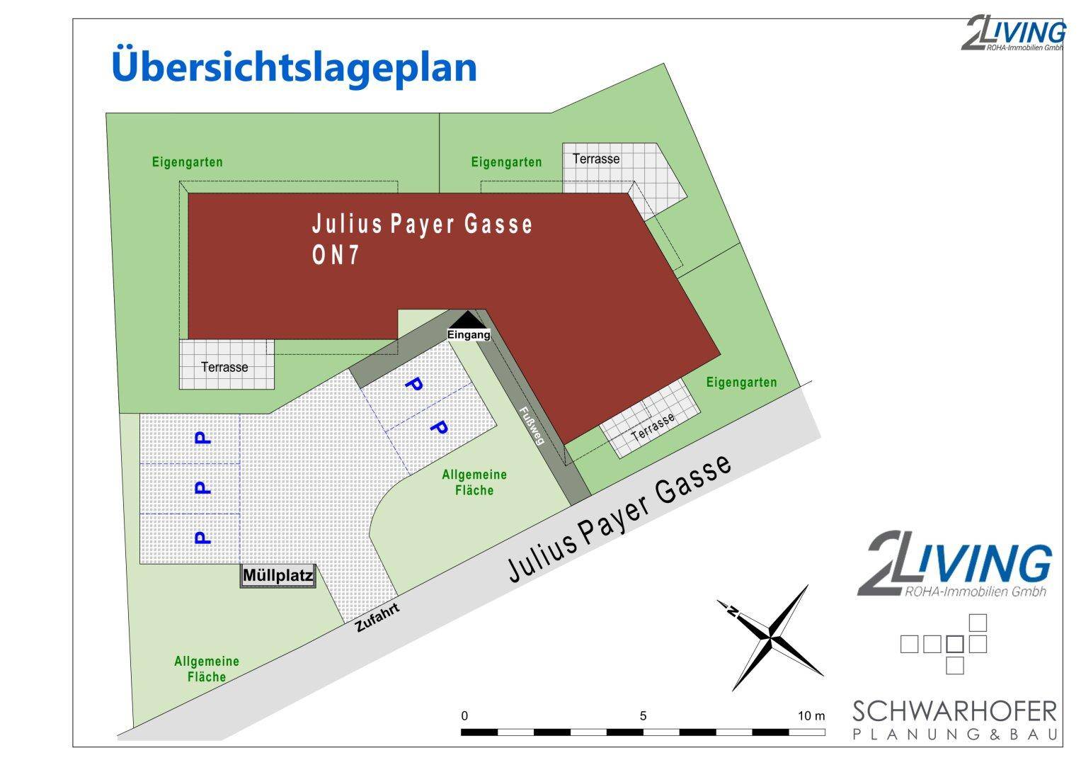 Übersichtsplan des Grundstücks mit Gebäudegrundriss, Terrassen, Gärten und Parkplätzen.