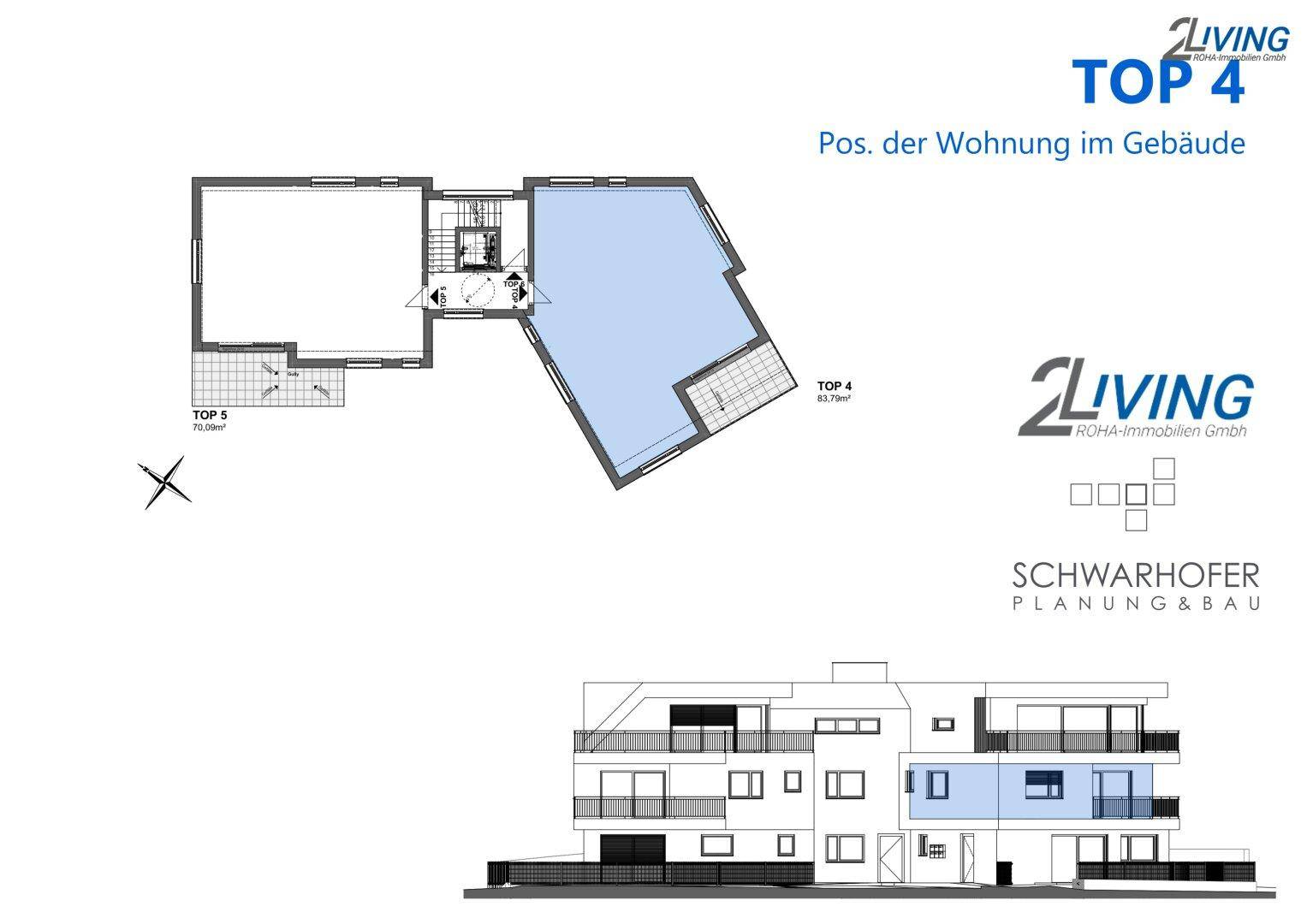 Grundriss der Wohnung Top 4 mit Balkon und ihre Position in der Gebäudefassade.