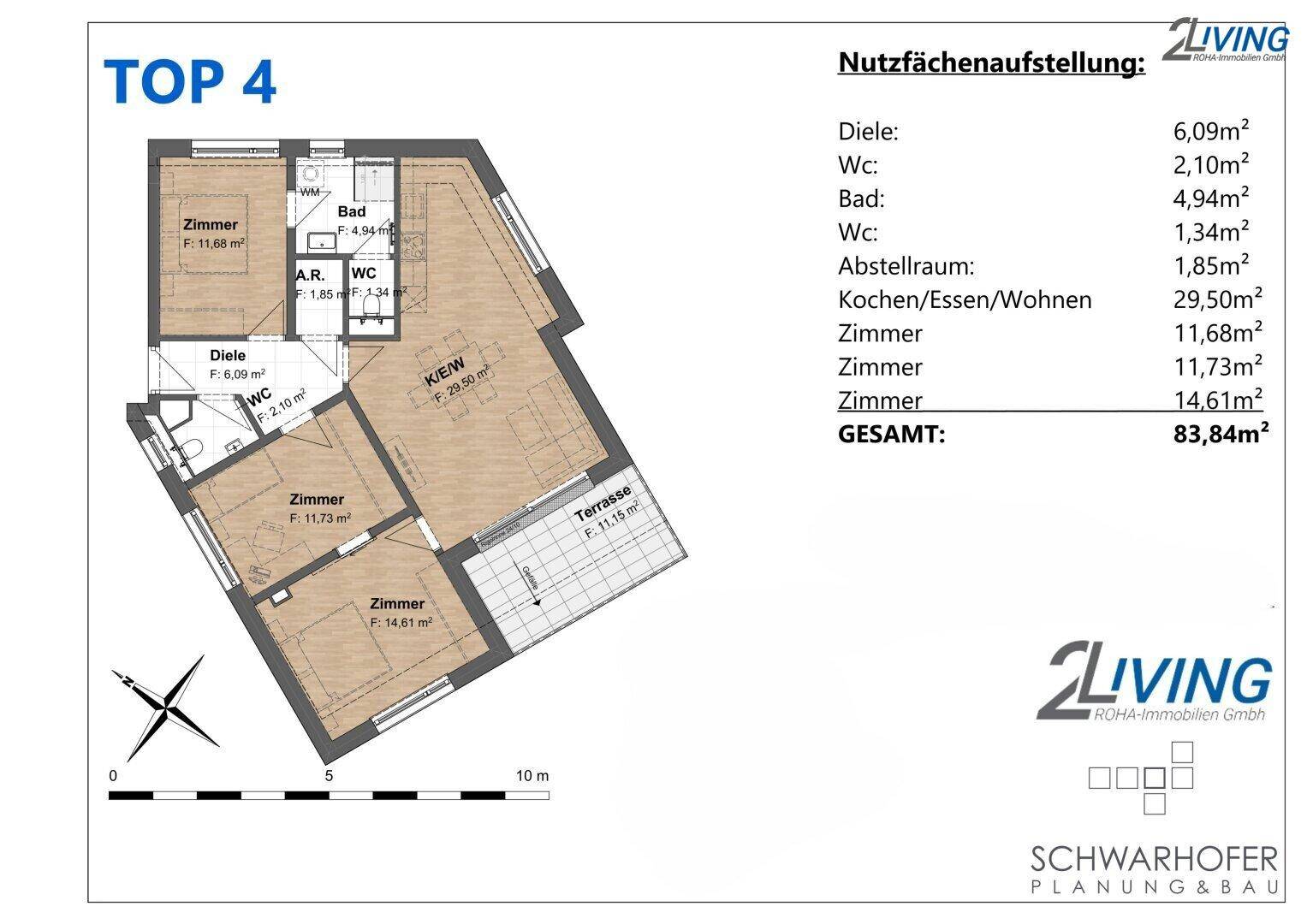 Detaillierter Grundriss der Wohnung Top 4 mit Raumaufteilung und Flächenangaben.