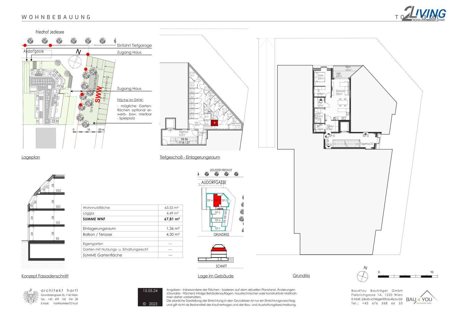 Detaillierter Gesamtplan mit Lageplan, Grundrissen und Schnitten des Wohngebäudes.