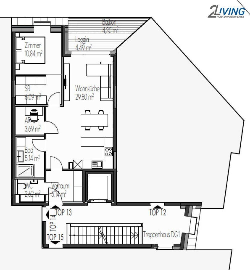 Grundrissplan einer Wohnung mit offener Wohnküche, einem Schlafzimmer, Bad, separatem WC, Schrankraum, Loggia und Balkon.