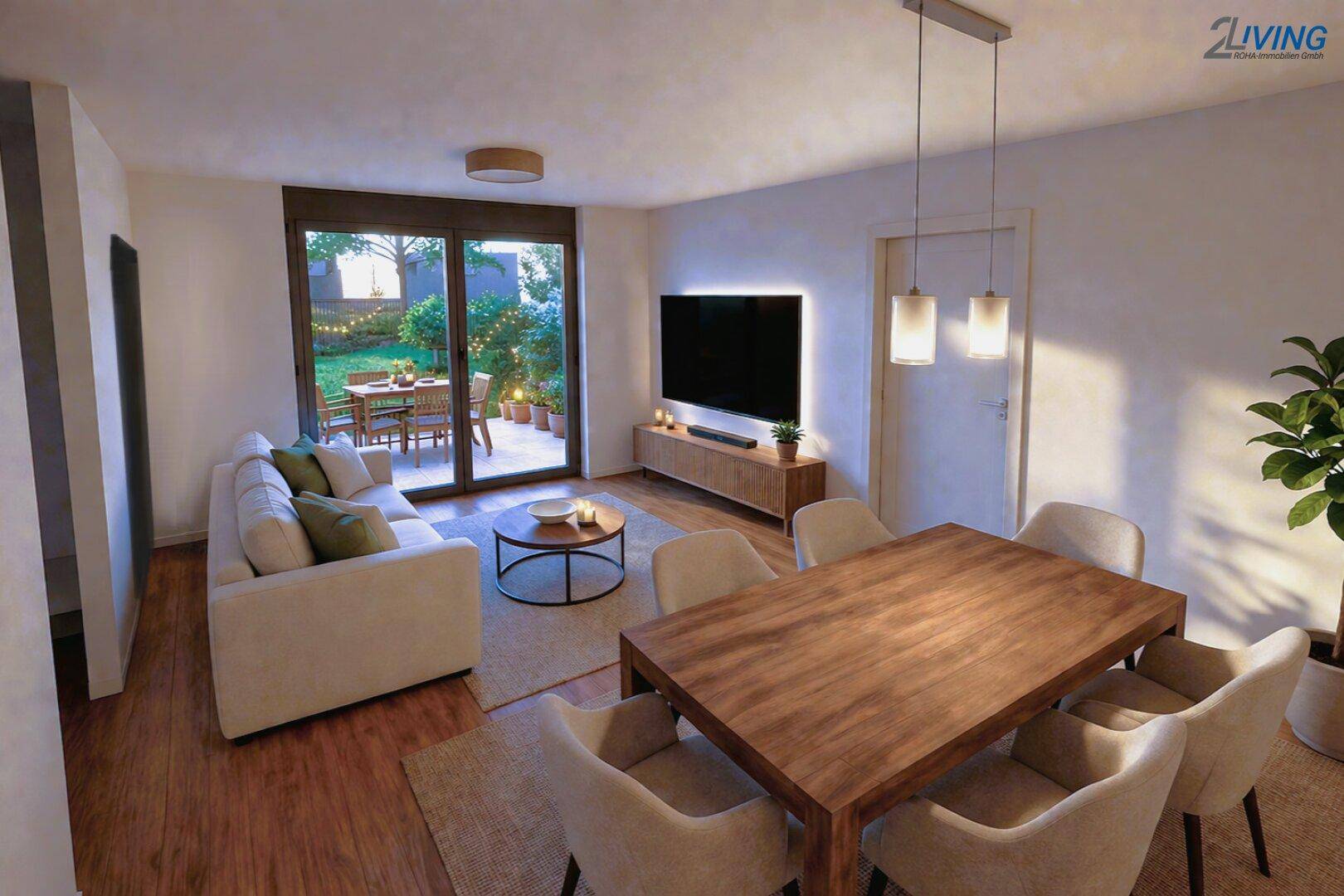 Heller Wohn-Essbereich mit Holzboden, modernen Möbeln und Zugang zur Terrasse.