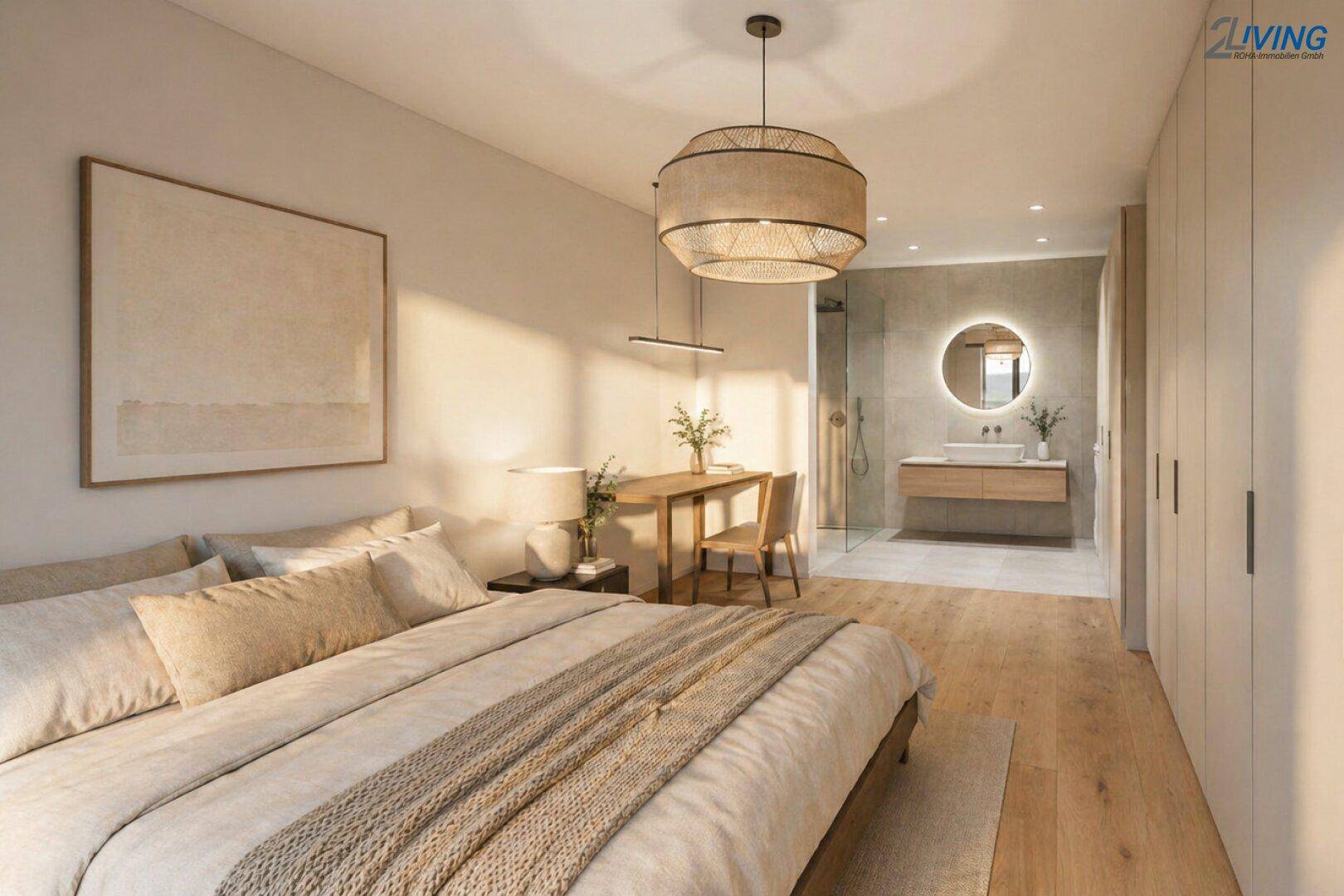 Modernes Schlafzimmer mit Holzboden, Einbauschränken und offenem Badbereich.