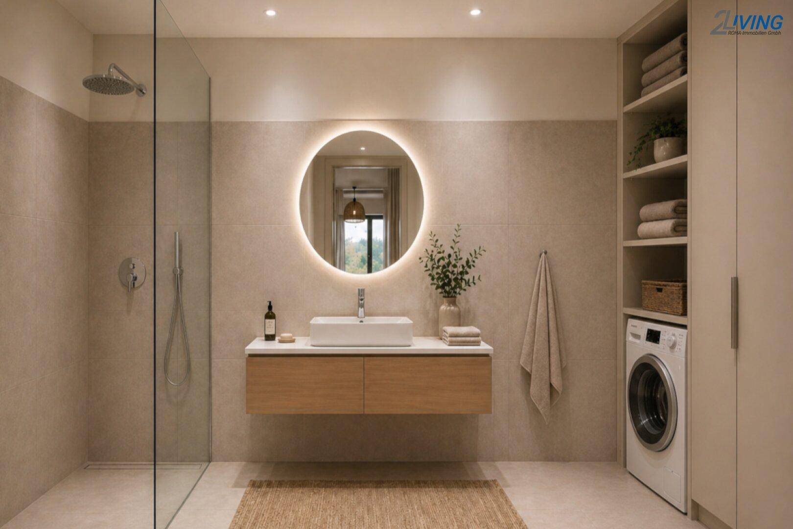 Modernes Badezimmer mit begehbarer Dusche, beleuchtetem Spiegel und Waschmaschine.