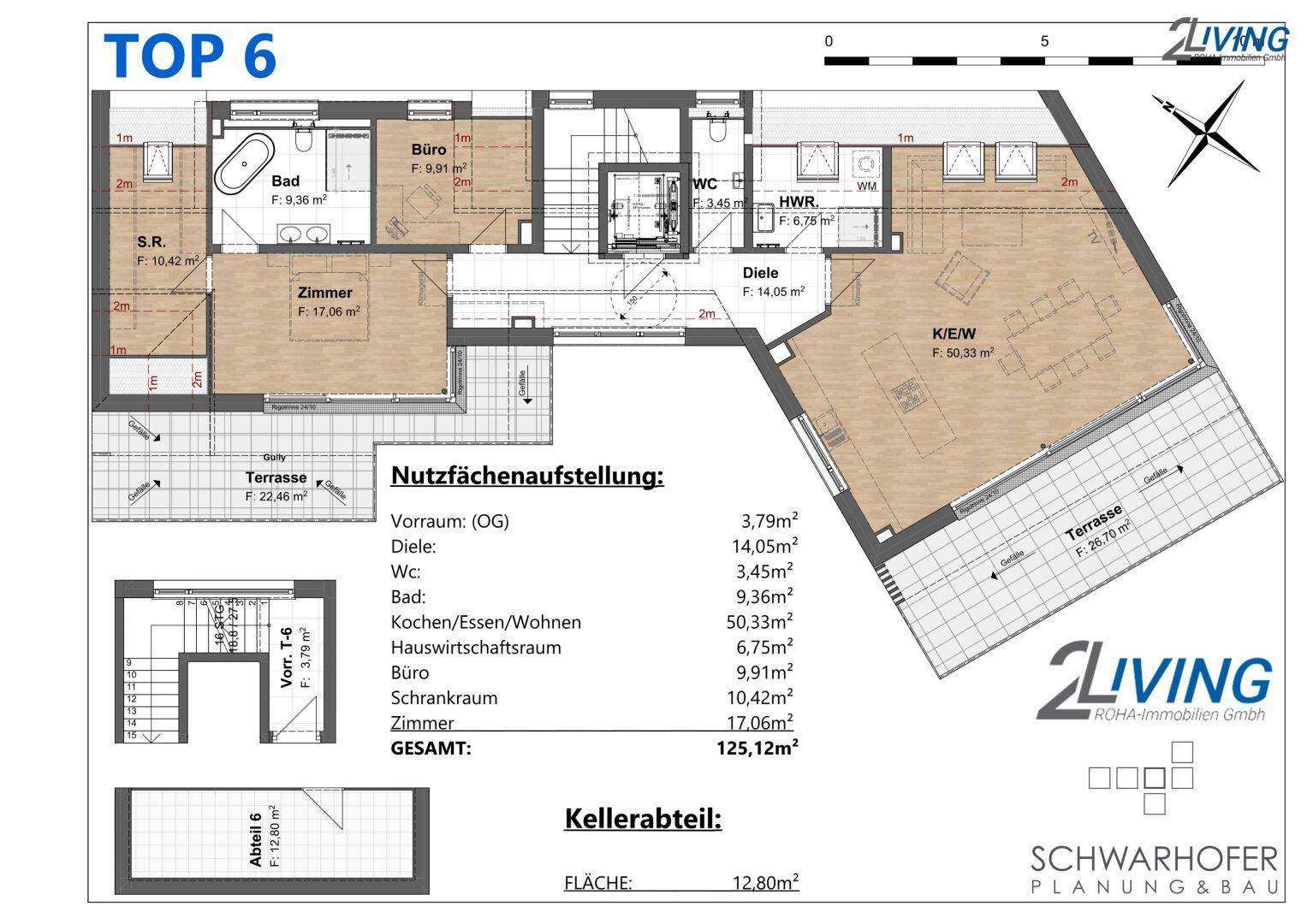 Detaillierter Grundriss der Wohnung Top 6 mit Raumaufteilung und Flächenangaben.