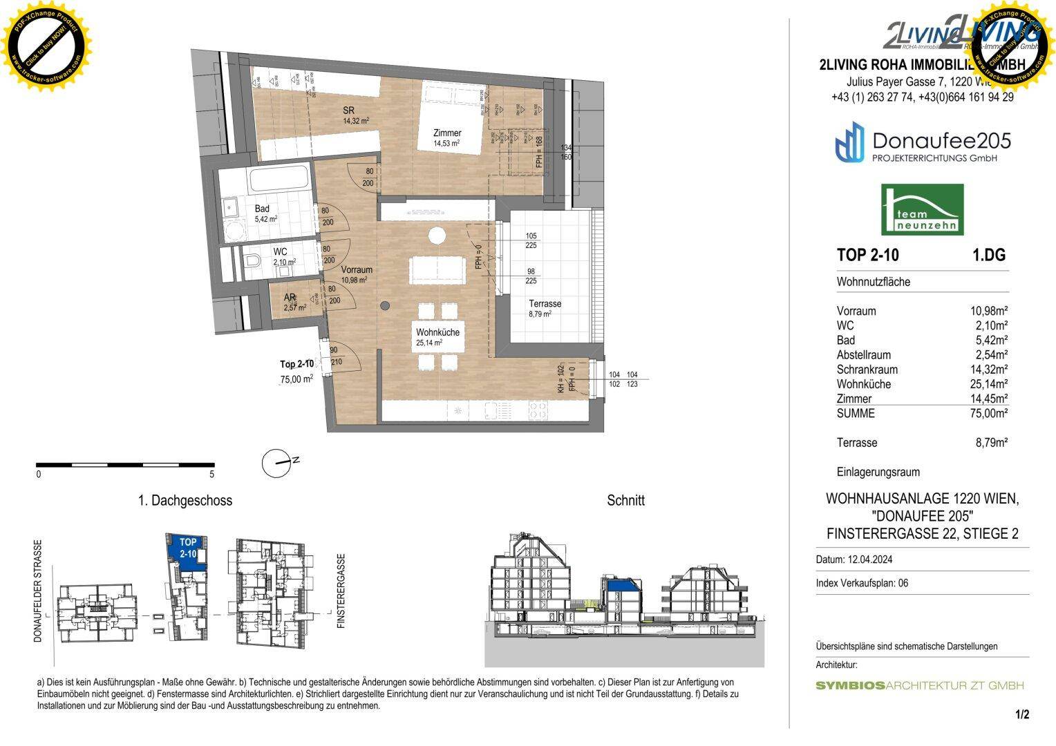 Detaillierter Grundriss einer 75m² Wohnung mit Terrasse und klarer Raumaufteilung.