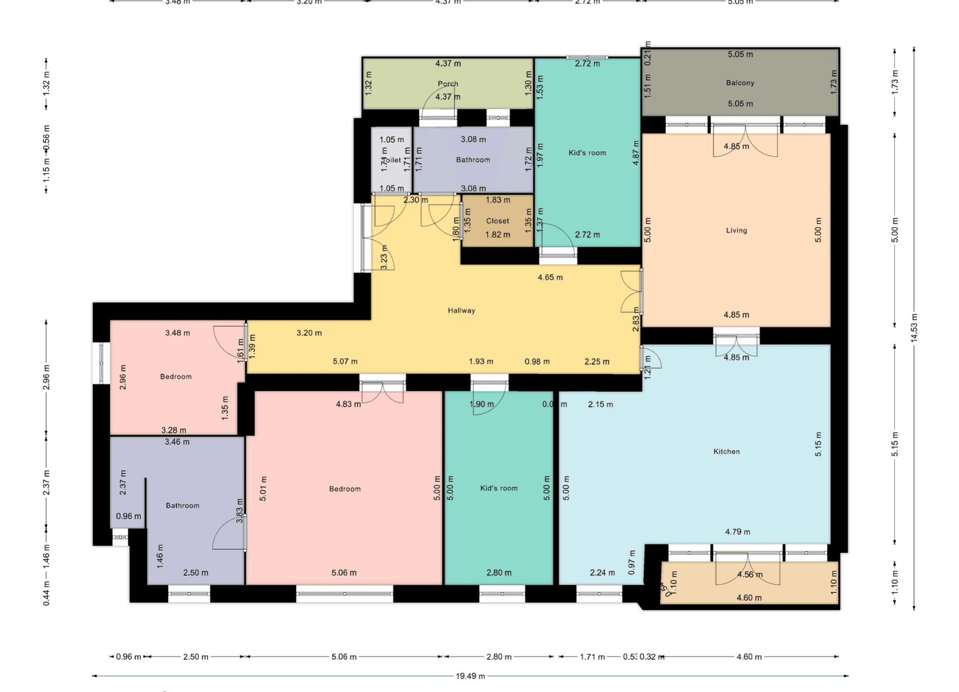 Detaillierter Grundriss einer Wohnung mit mehreren Zimmern und Balkon.