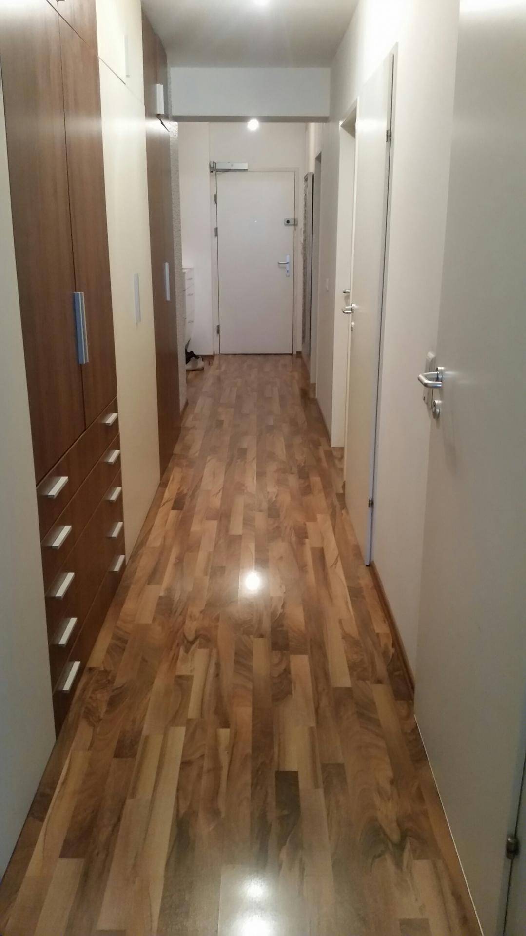 Heller Flur mit Holzboden und praktischen Einbauschränken für Stauraum.