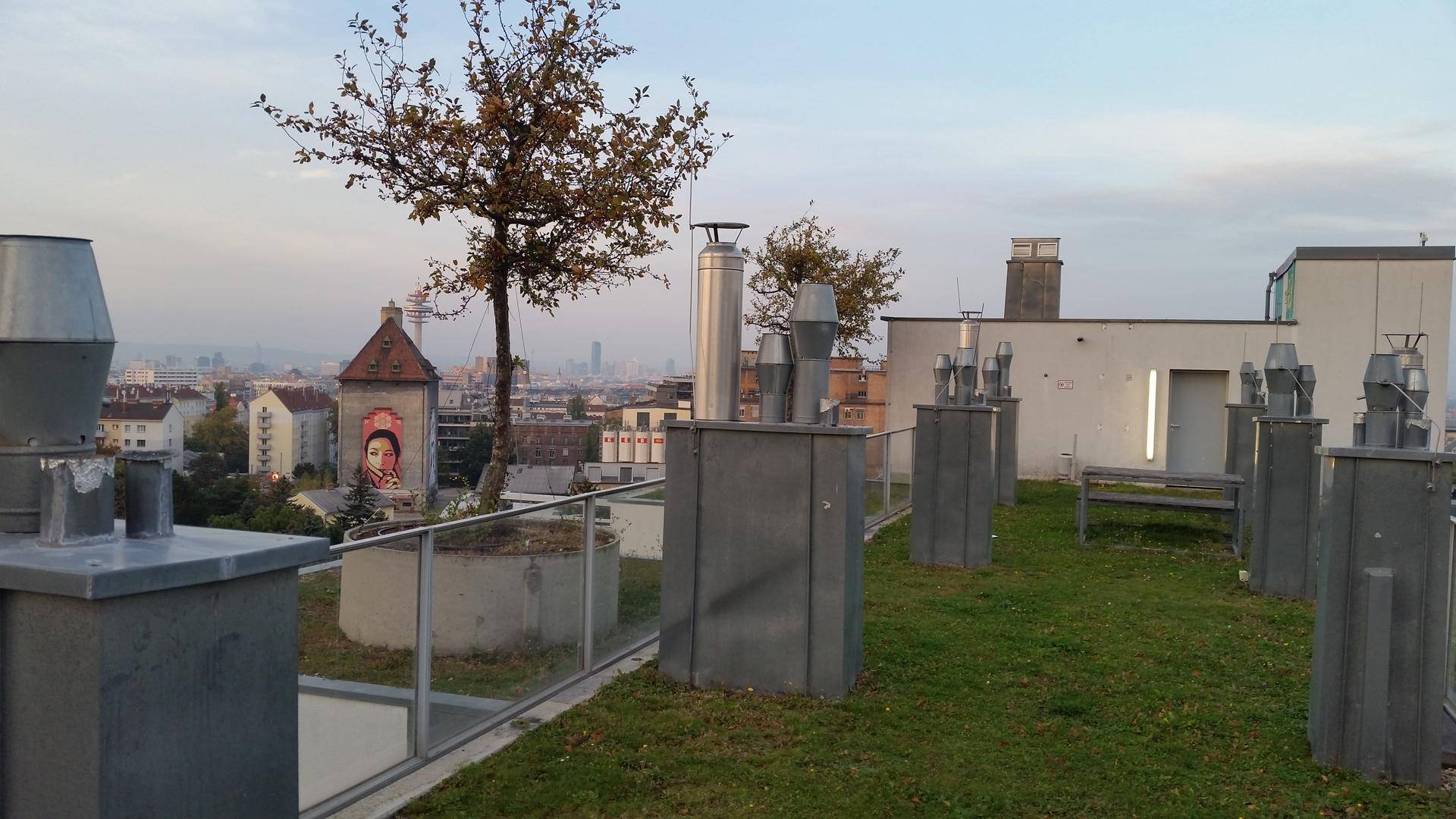 Grüne Dachterrasse mit Stadtblick und verschiedenen Lüftungsschächten, die eine urbane Atmosphäre schaffen.