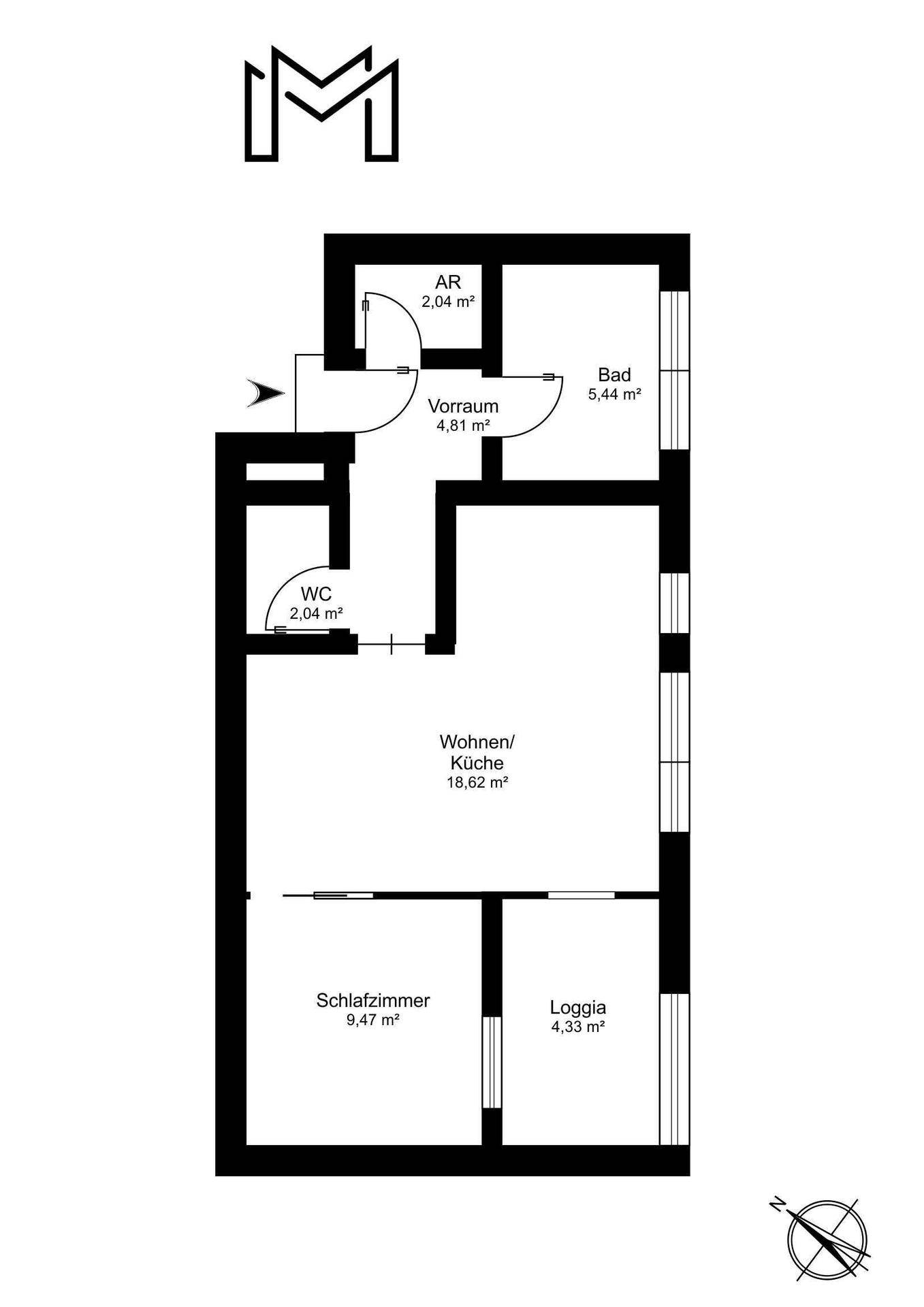 Grundriss einer Wohnung mit Schlafzimmer, Wohnküche, Bad, WC und Loggia.