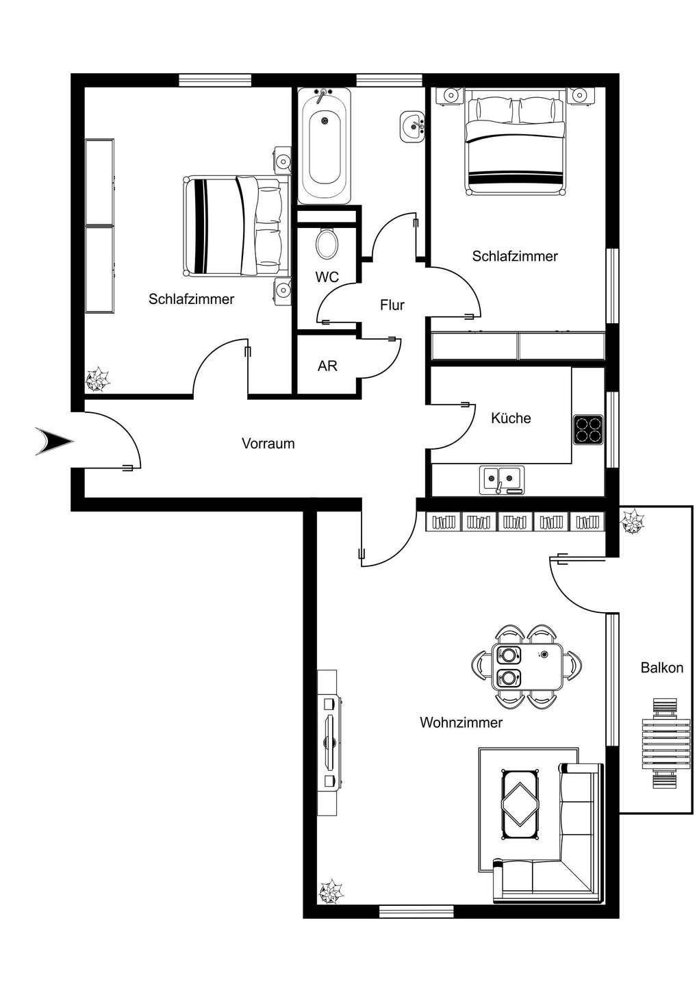 Grundriss einer Wohnung mit zwei Schlafzimmern, Wohnzimmer, Küche und Balkon.