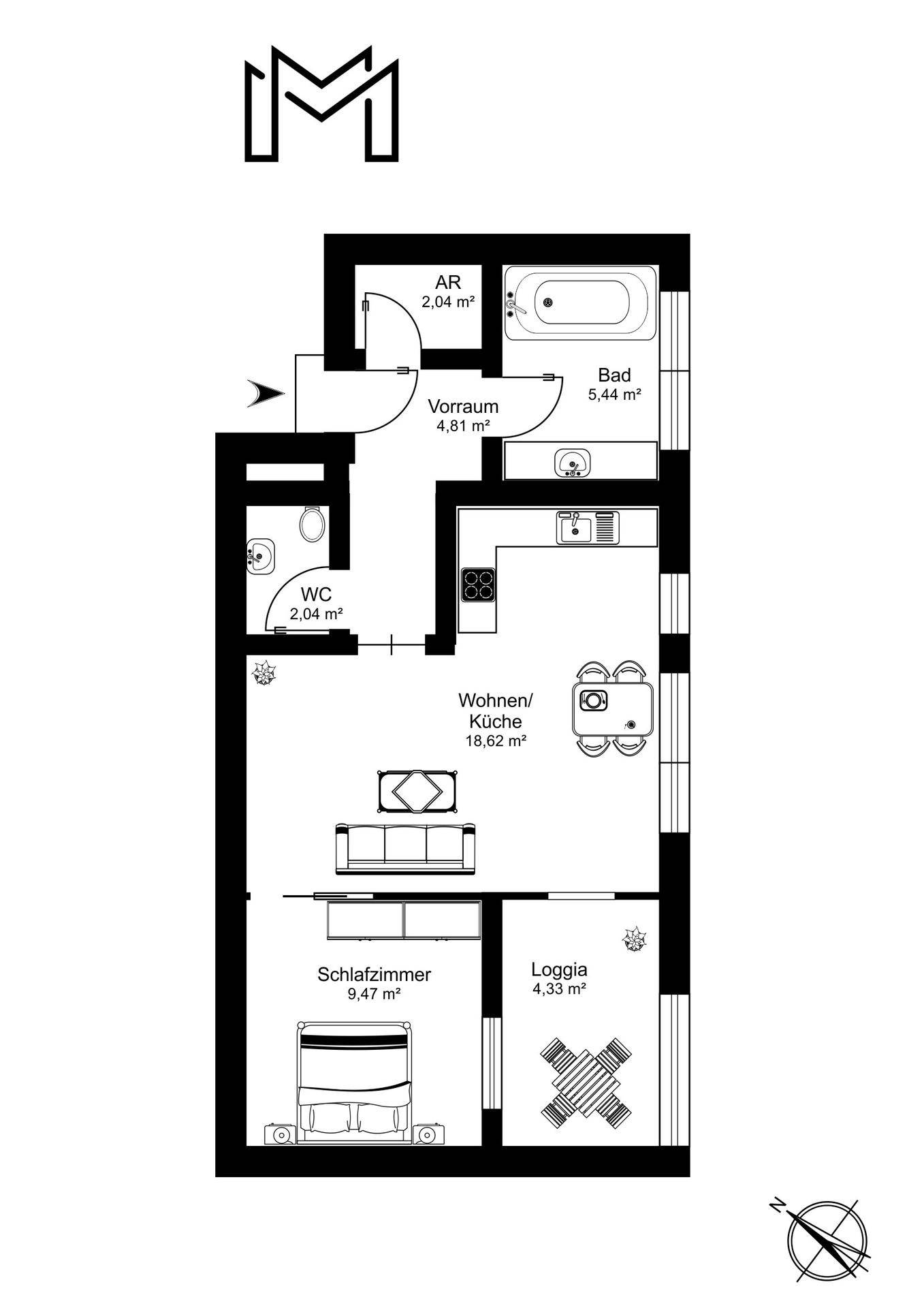 Grundriss einer Wohnung mit Schlafzimmer, Wohnküche, Bad, WC und Loggia.