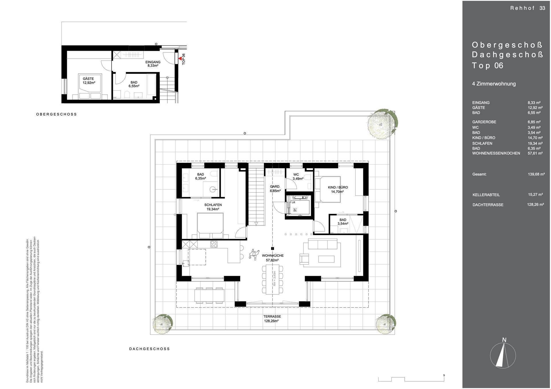 Grundriss der Dachgeschosswohnung Top 06 mit offenem Wohnbereich und großer Terrasse.