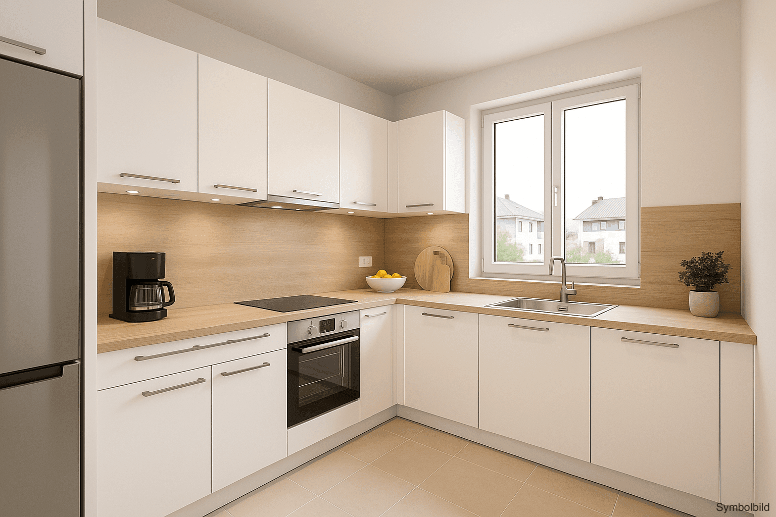 Moderne Küche mit weißen Schränken, Holzarbeitsplatten und hellen Fliesenboden mit Fenster.