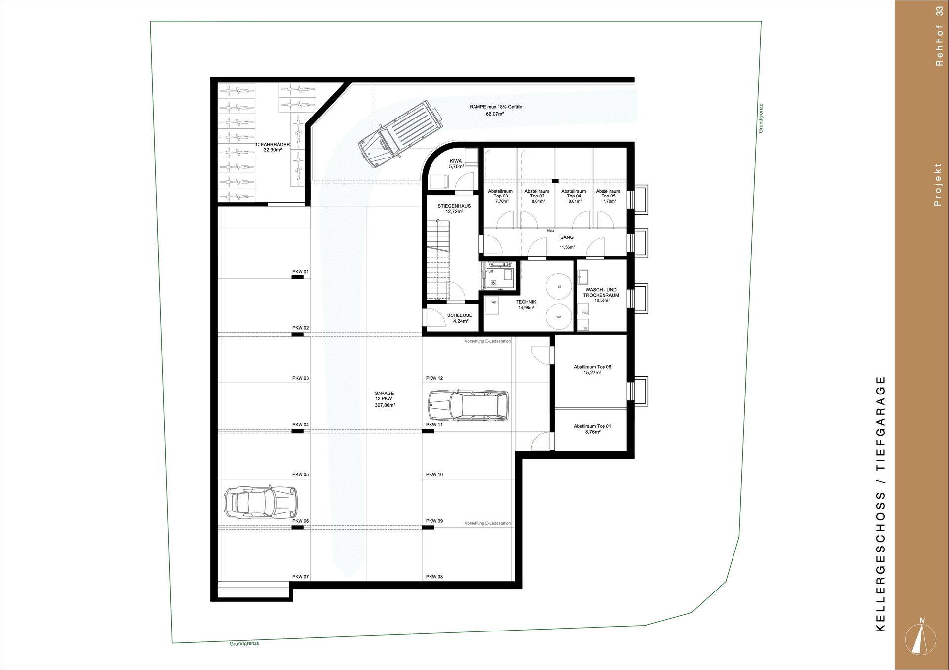 Grundriss des Kellergeschosses mit Tiefgarage, Technikraum und Abstellräumen.