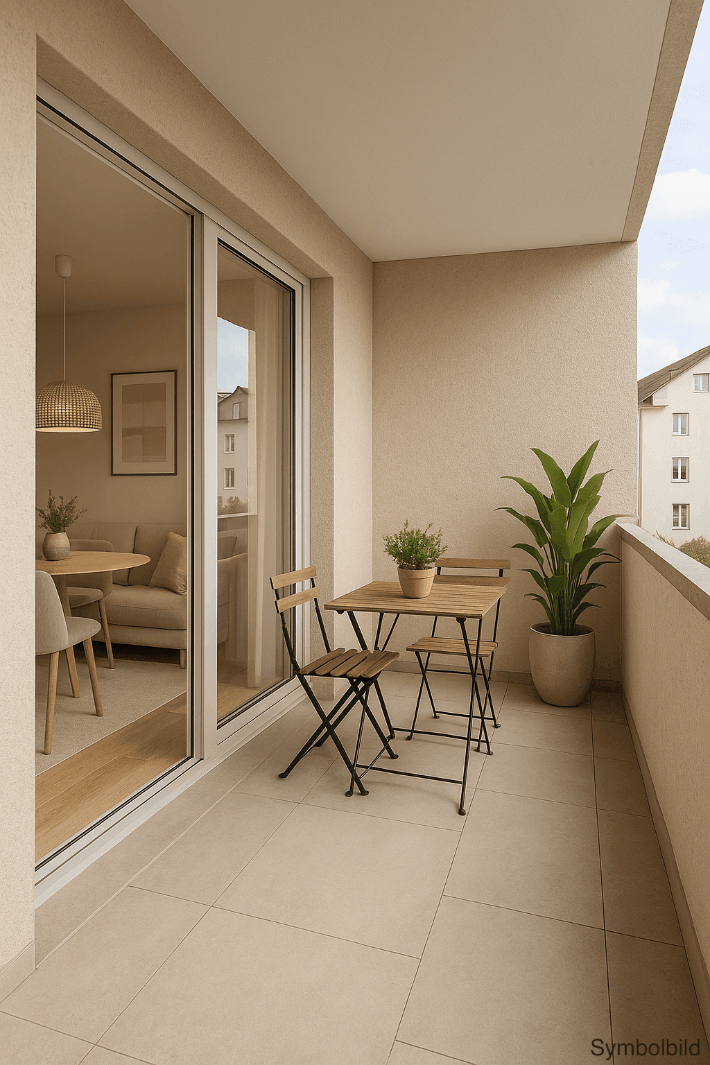 Heller Balkon mit beigefarbenen Fliesen, einfacher Sitzgelegenheit und Blick auf die Umgebung.