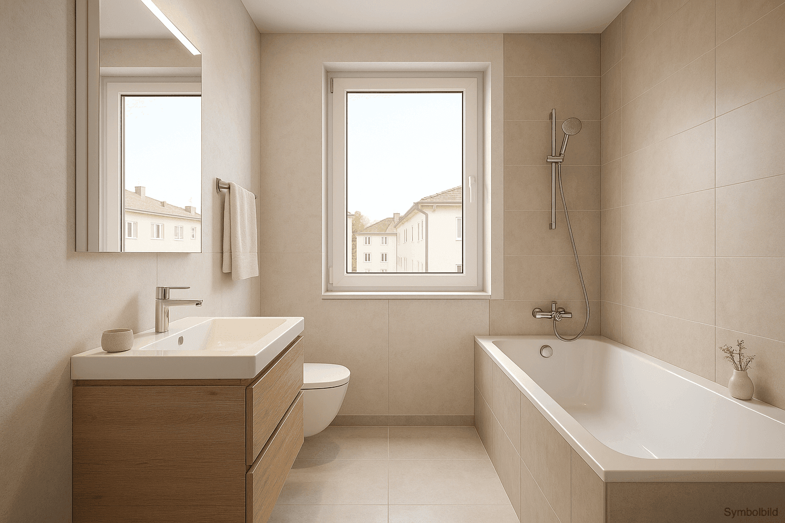 Modernes Badezimmer mit beigefarbenen Fliesen, Badewanne, Dusche und Holzwaschtisch mit Fenster.