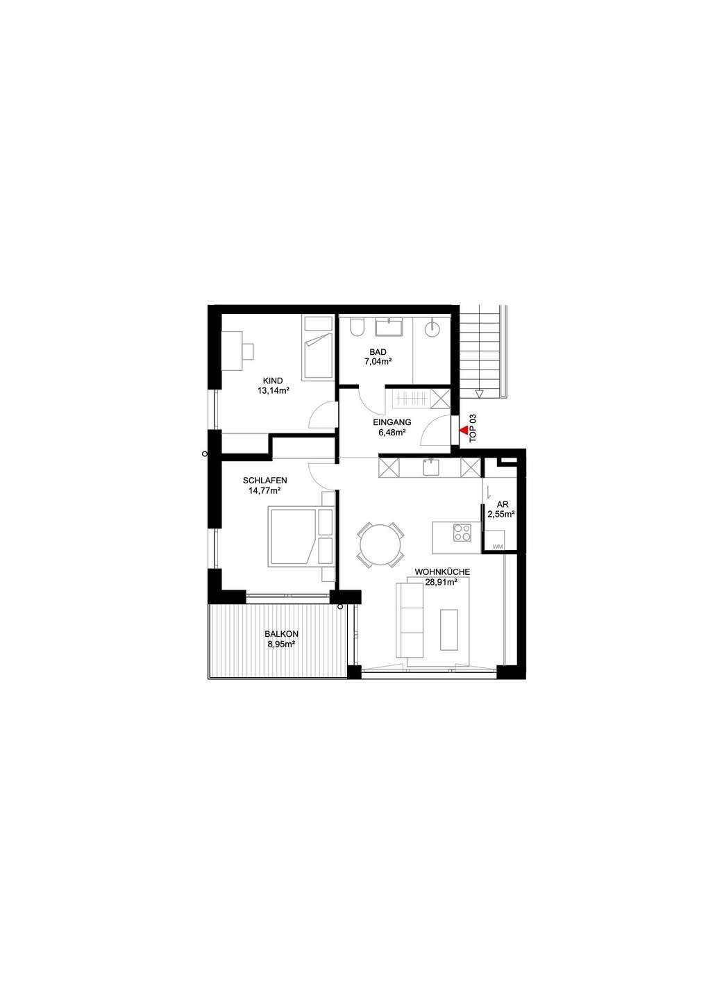 Grundriss einer Wohnung mit zwei Schlafzimmern, Bad, Wohnküche und Balkon.