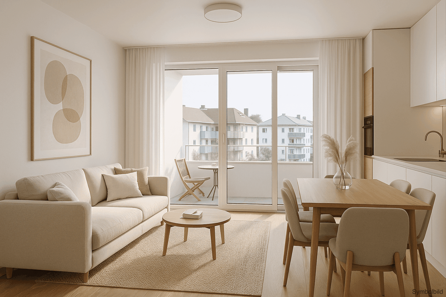 Heller Wohn-Essbereich mit offener Küche, Esstisch und großem Fenster mit Balkonzugang.
