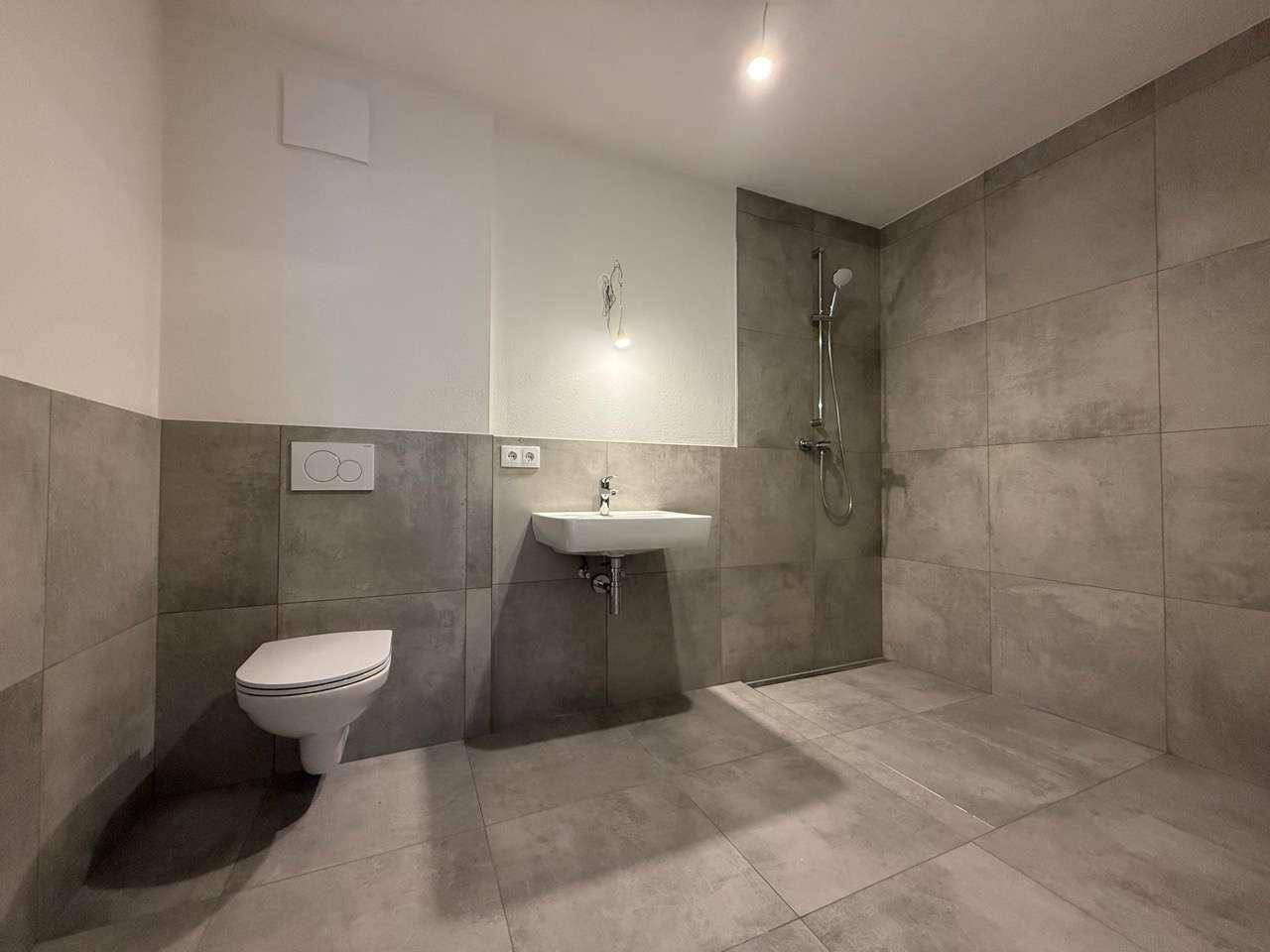 Modernes Badezimmer mit grauen Fliesen, wandhängendem WC und einer geräumigen begehbaren Dusche.
