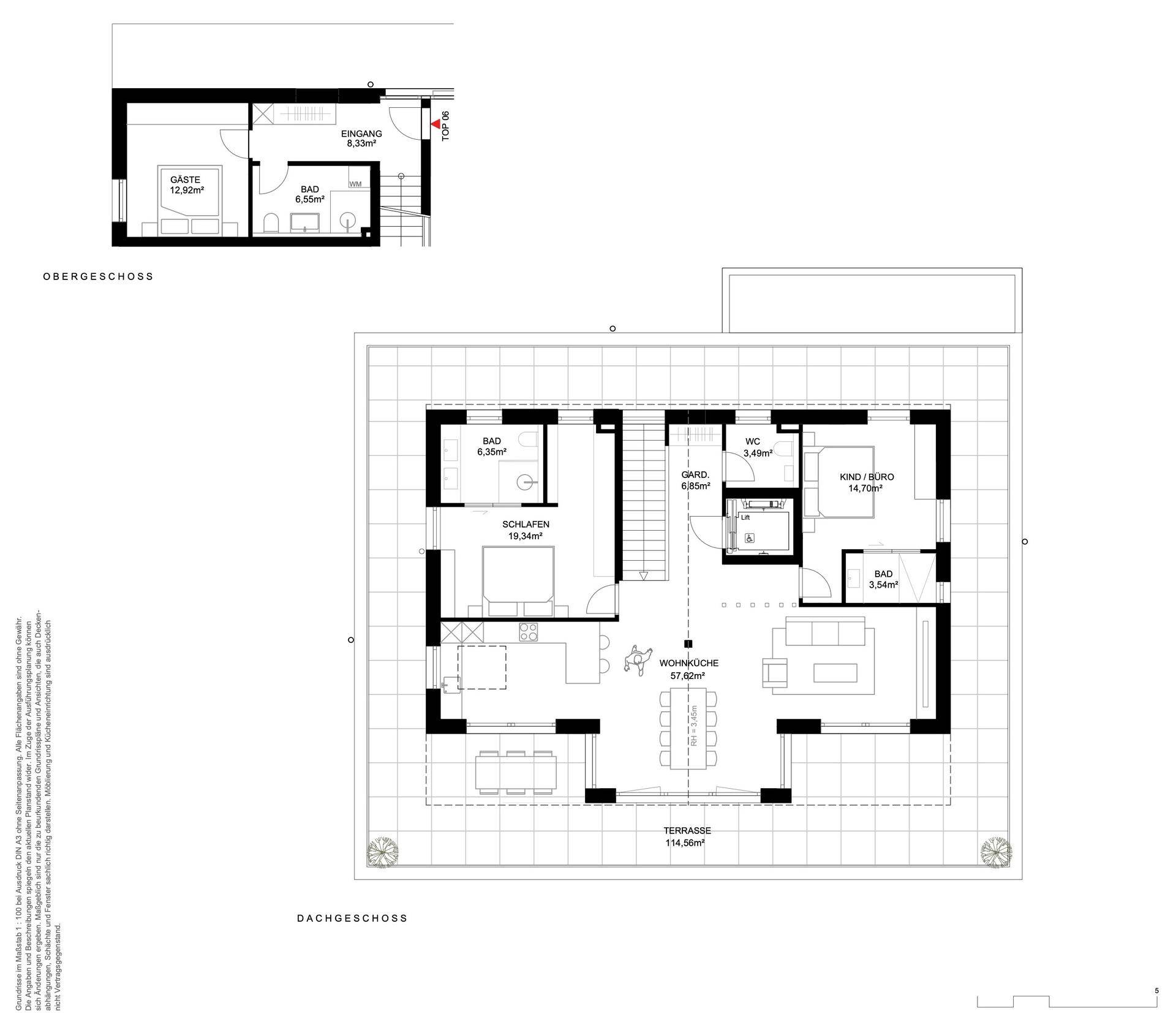 Grundriss des Dachgeschosses mit Wohnküche, Schlafzimmern und großer Terrasse.