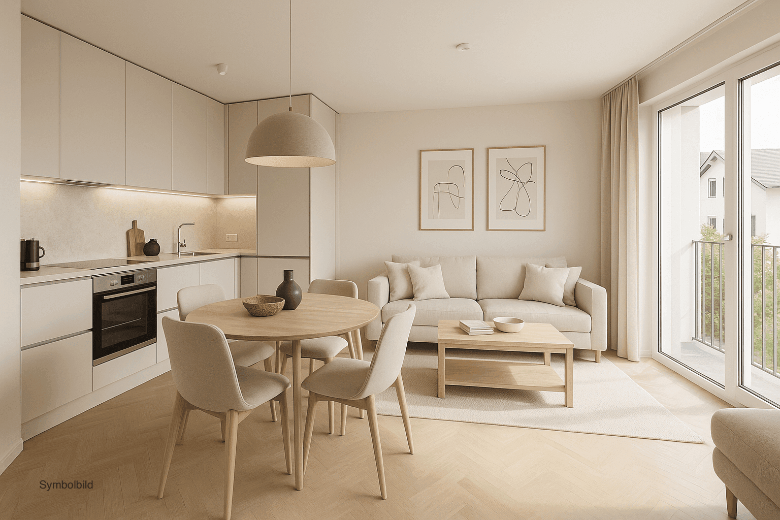 Heller offener Wohn-Essbereich mit moderner Küche, Holzboden und Zugang zum Balkon.