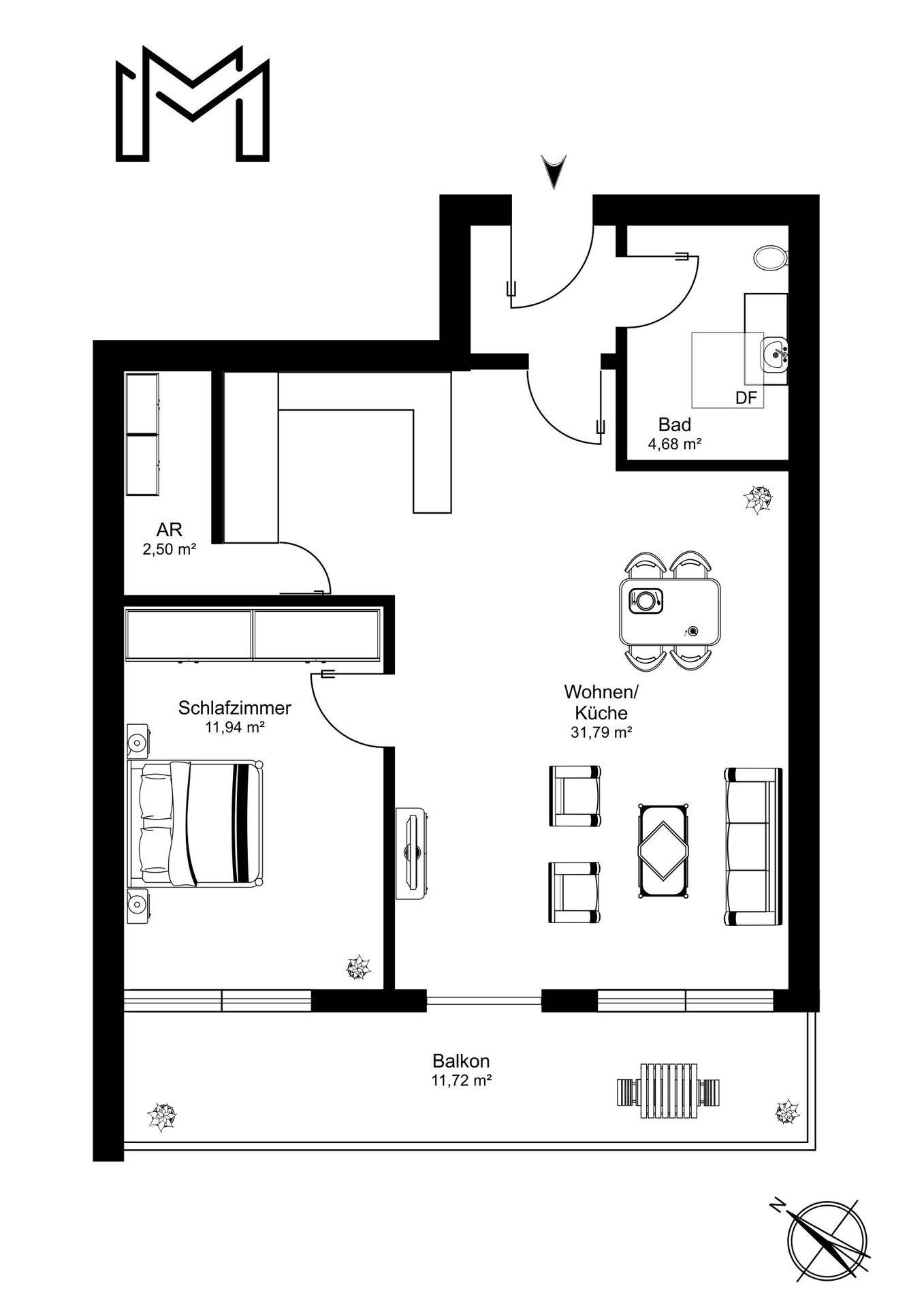 Grundriss einer Wohnung mit Schlafzimmer, offener Wohnküche, Bad und Balkon.